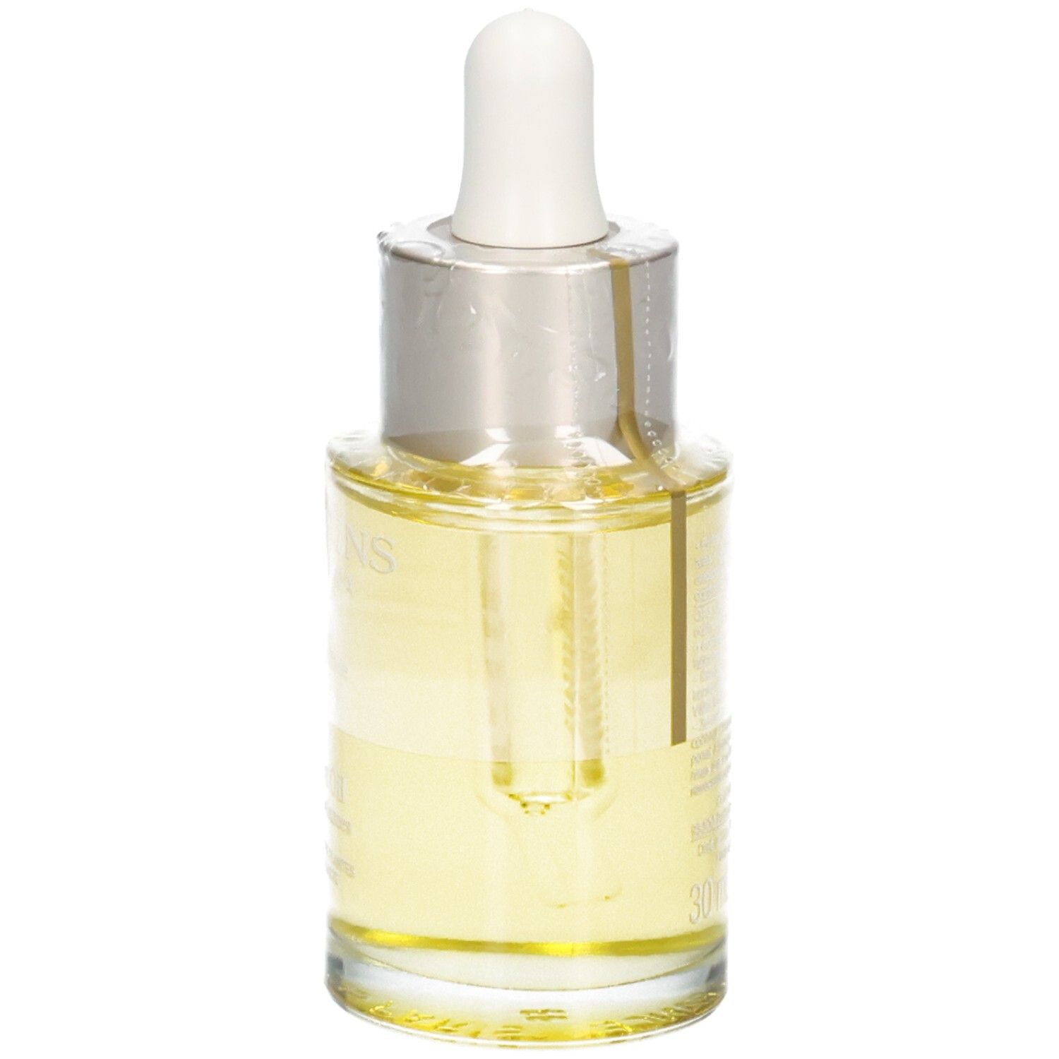 Clarins Aroma Huile Lotus Gesichtsöl. Gelbe Flüssigkeit in Glasflasche mit Pipette, Seitenansicht.