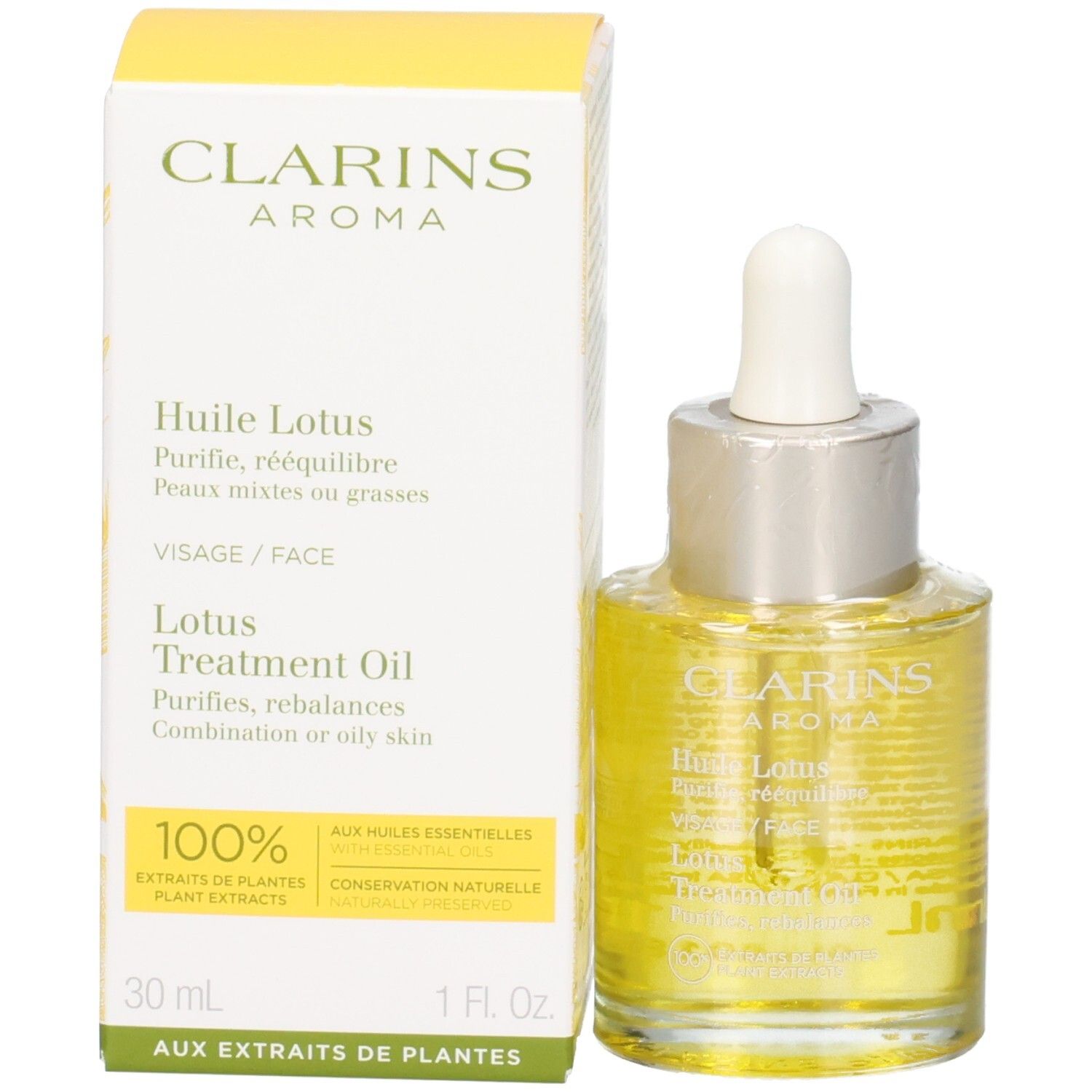 Clarins Aroma Huile Lotus Gesichtsöl und Verpackung. Gelbes Öl in Glasflasche mit Pipette.