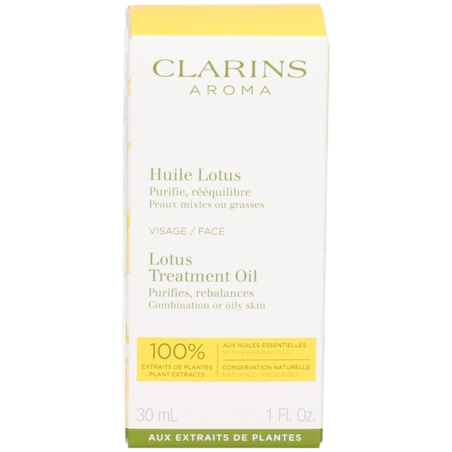 Clarins Aroma Huile Lotus Gesichtsöl und Verpackung. Gelbes Öl in Glasflasche mit Pipette.