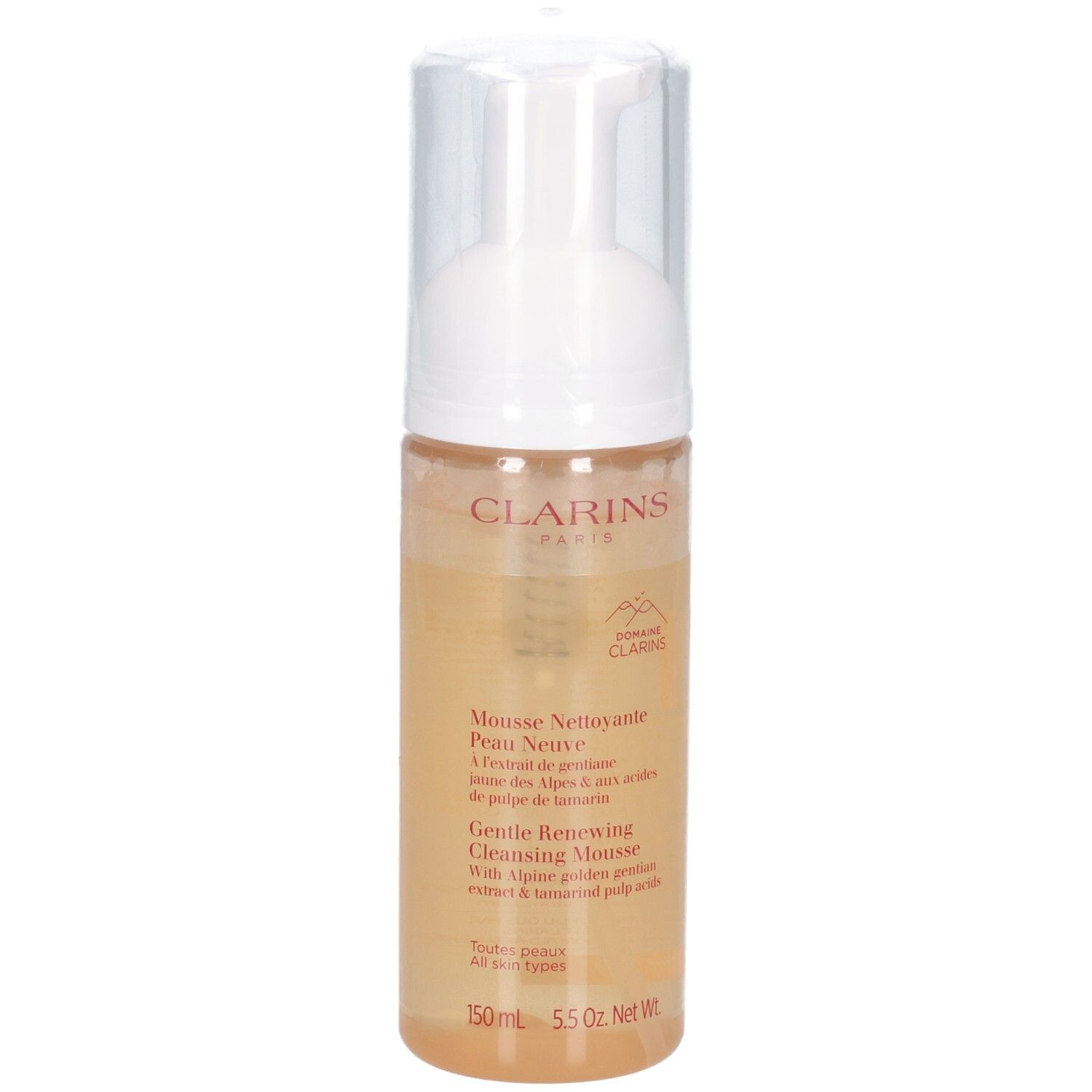 Clarins Reinigungsmousse in einem transparenten Spender mit weißem Pumpkopf. Gelbe Flüssigkeit sichtbar.