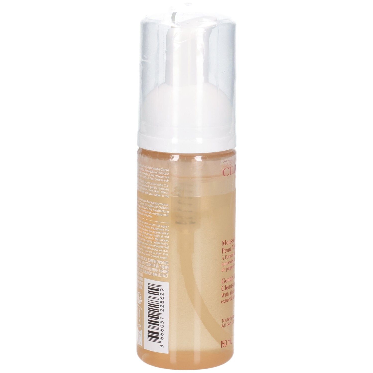 Rückseite einer Clarins Reinigungsmousse-Flasche mit Barcode und Textinformationen. Transparenter Spender.
