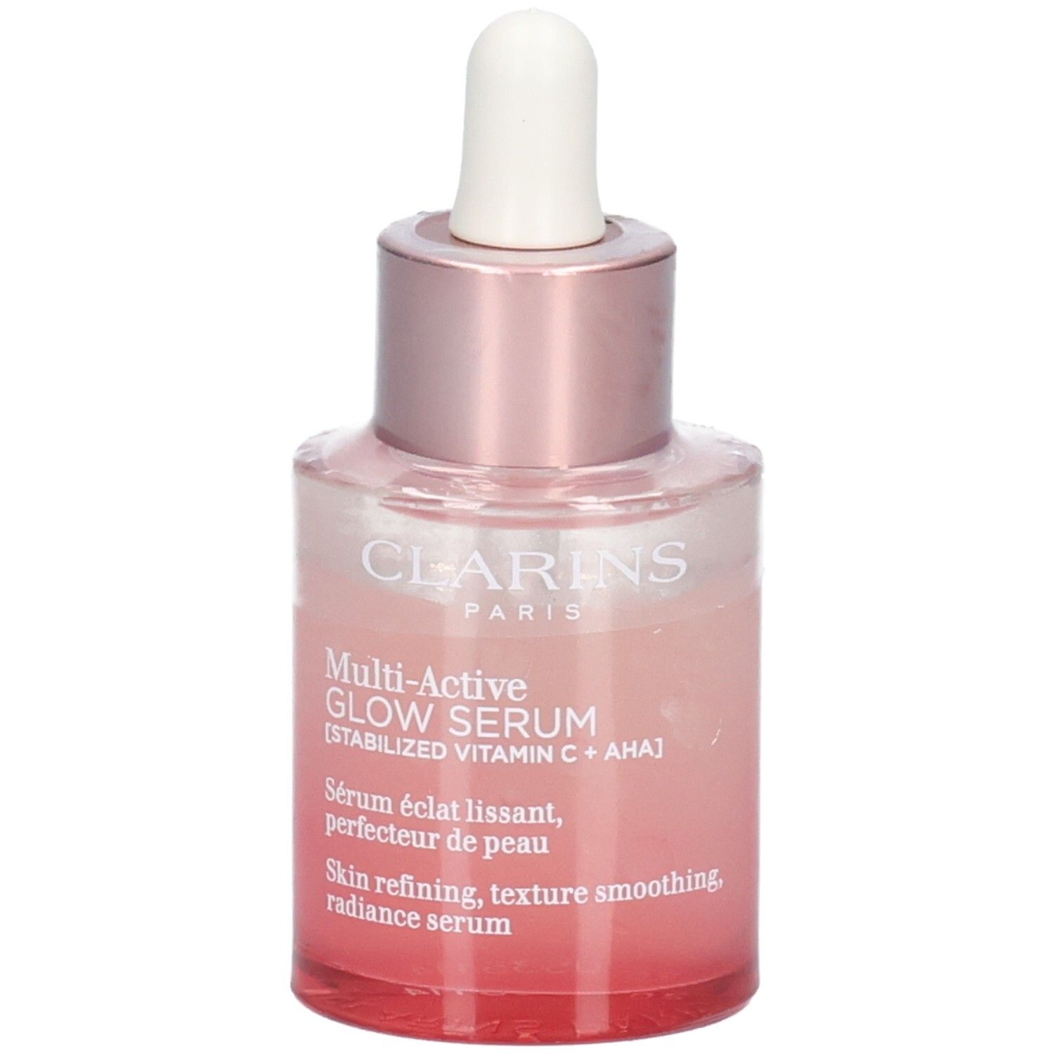 Clarins Multi Active Glow Serum Flasche mit Pipette, rosa-getöntes Glas.