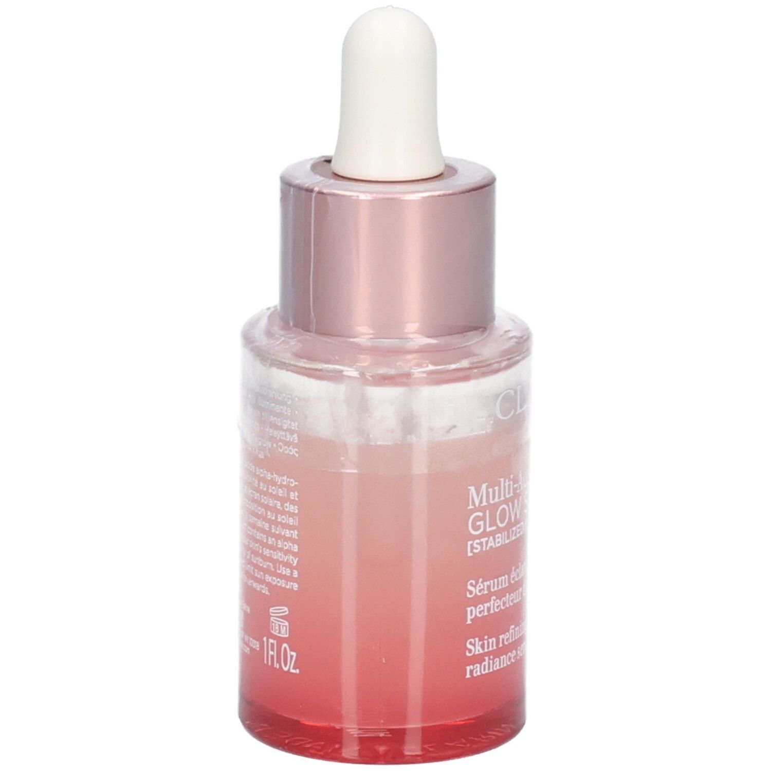 Clarins Multi Active Glow Serum Flasche mit Pipette, rosa-getöntes Glas, Seitenansicht.