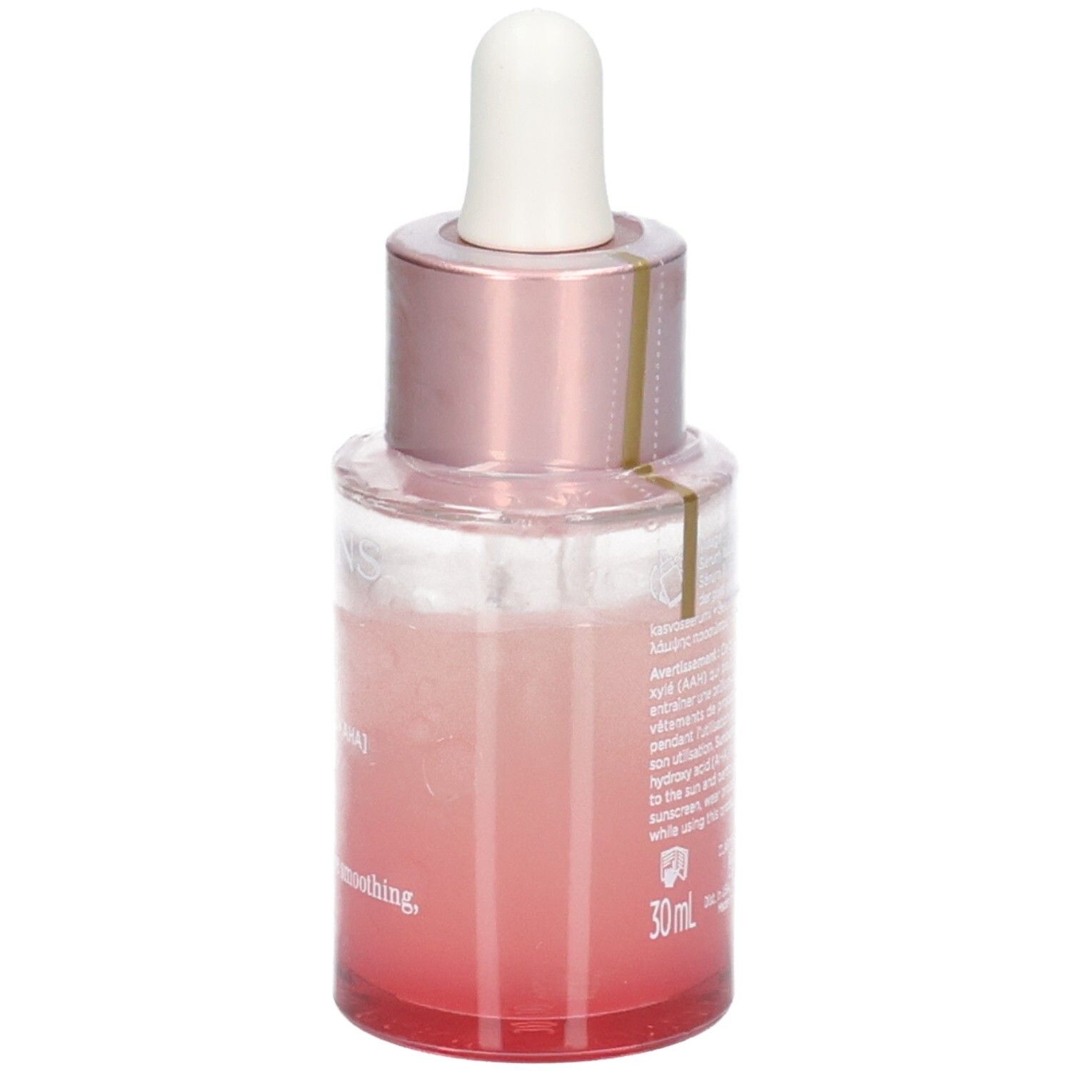 Clarins Multi Active Glow Serum Flasche mit Pipette, rosa-getöntes Glas, schräge Seitenansicht.
