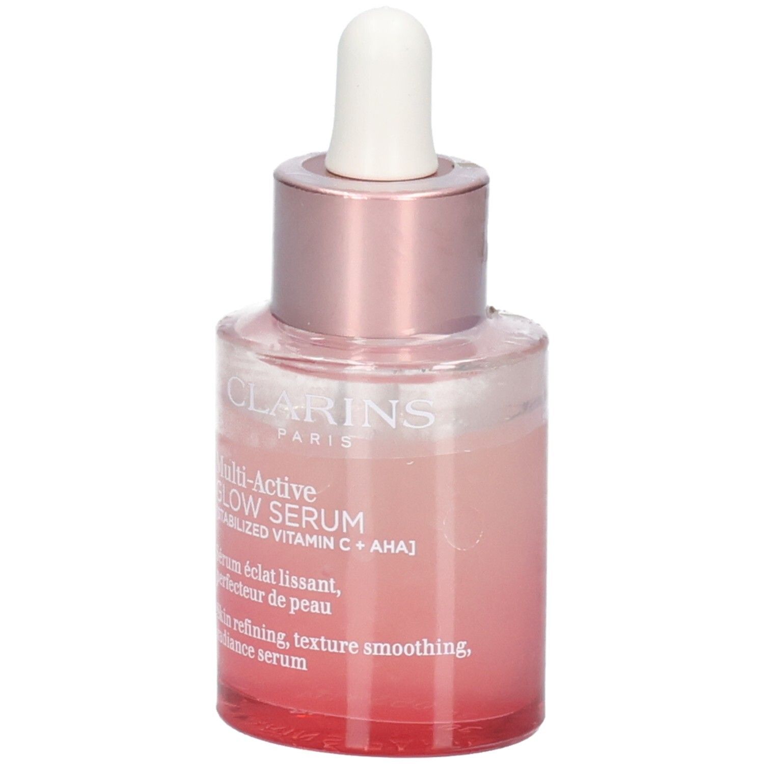 Clarins Multi Active Glow Serum Flasche mit Pipette, rosa-getöntes Glas, Vorderansicht.