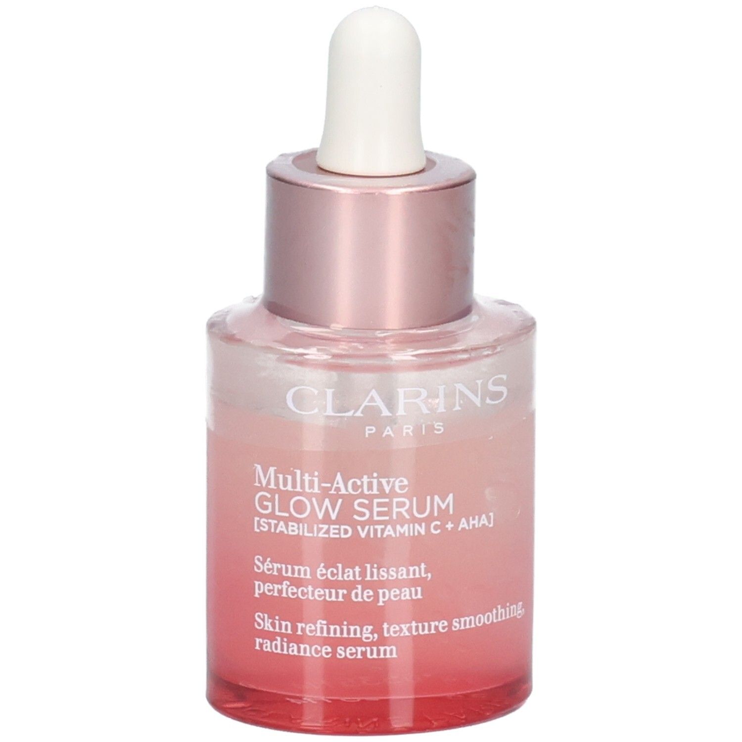 Clarins Multi Active Glow Serum Flasche mit Pipette, rosa-getöntes Glas, Vorderansicht.