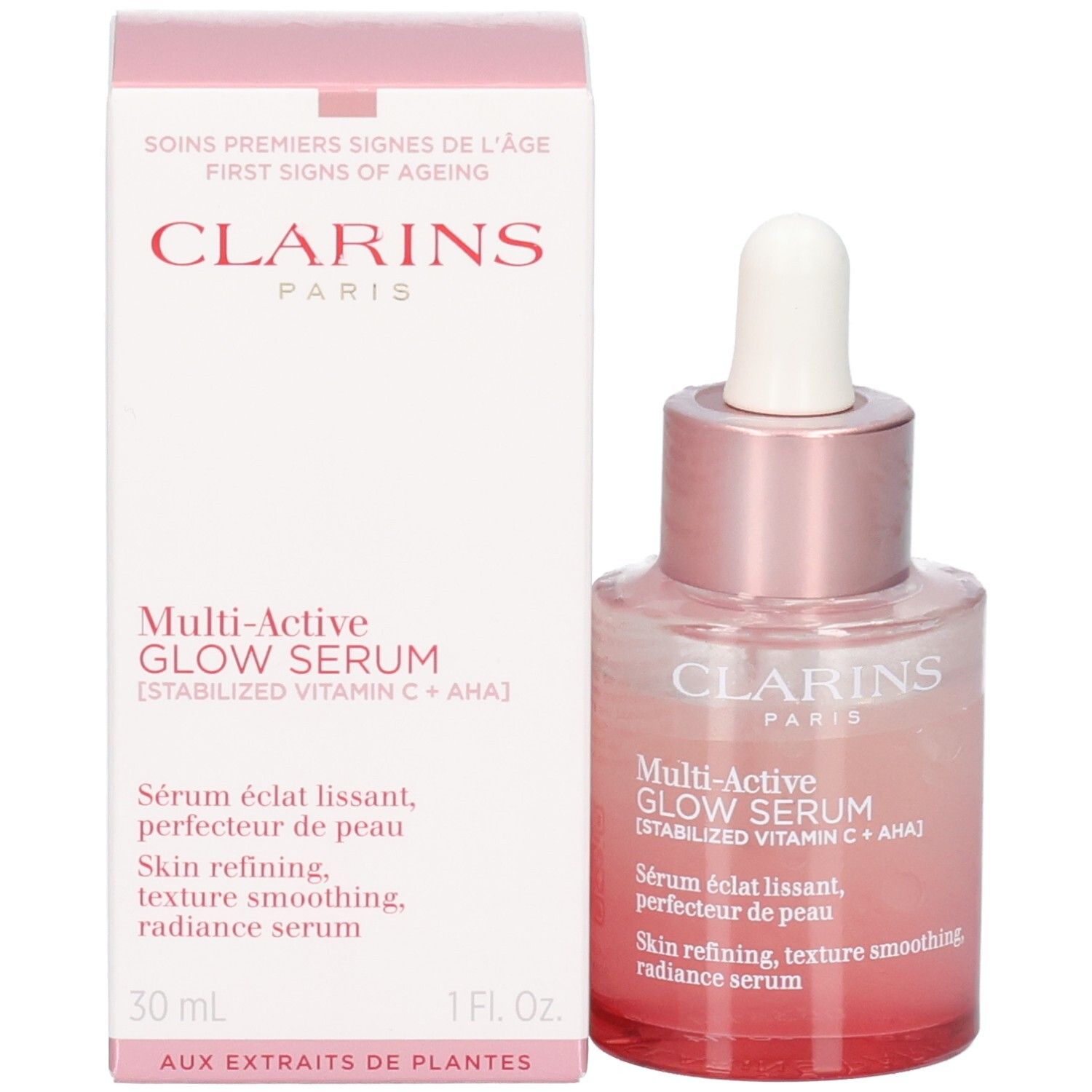 Clarins Multi Active Glow Serum Flasche und Verpackung, rosa-getöntes Glas, Pipette.