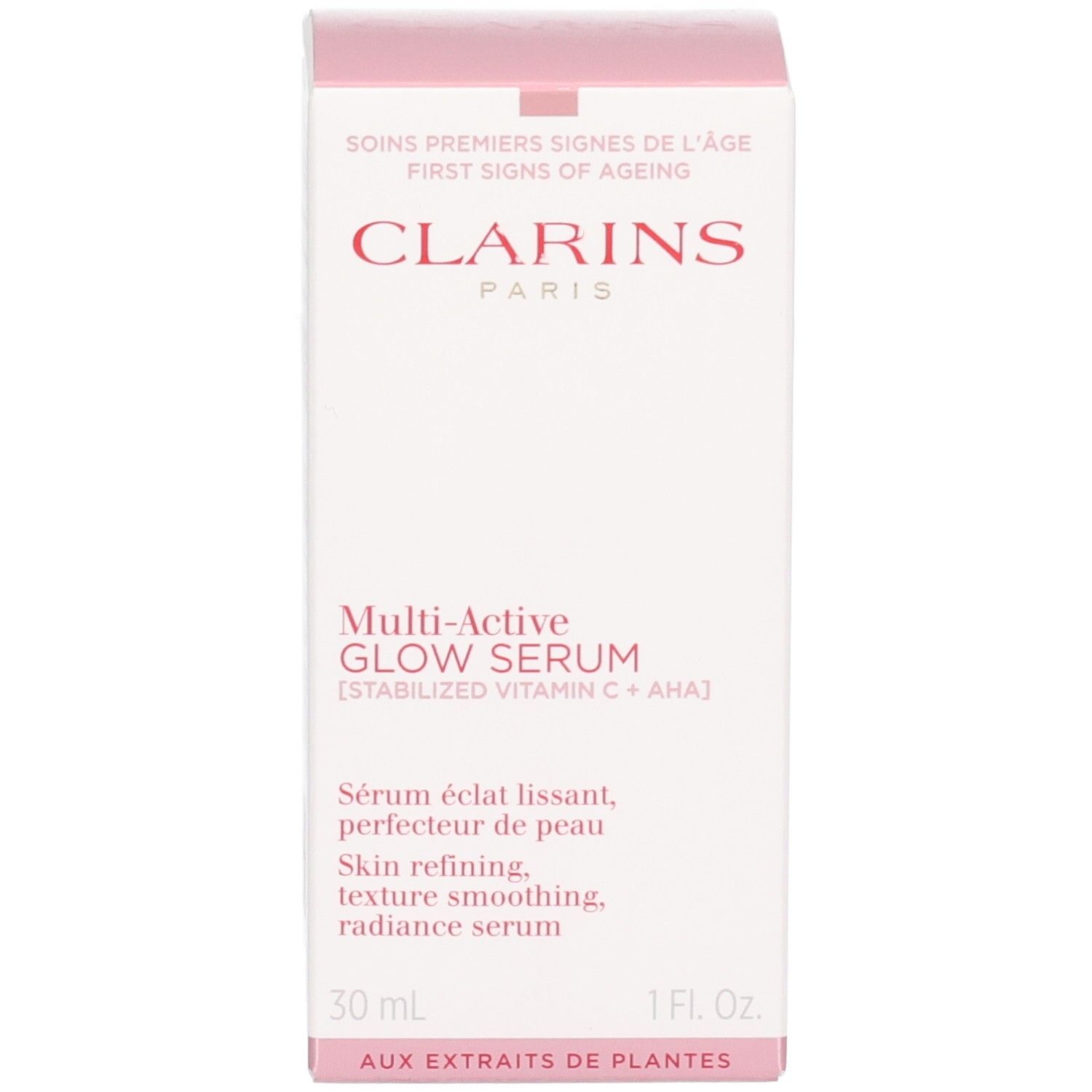 Clarins Multi Active Glow Serum Verpackung, rosa und weiß, mit Produktinformationen.