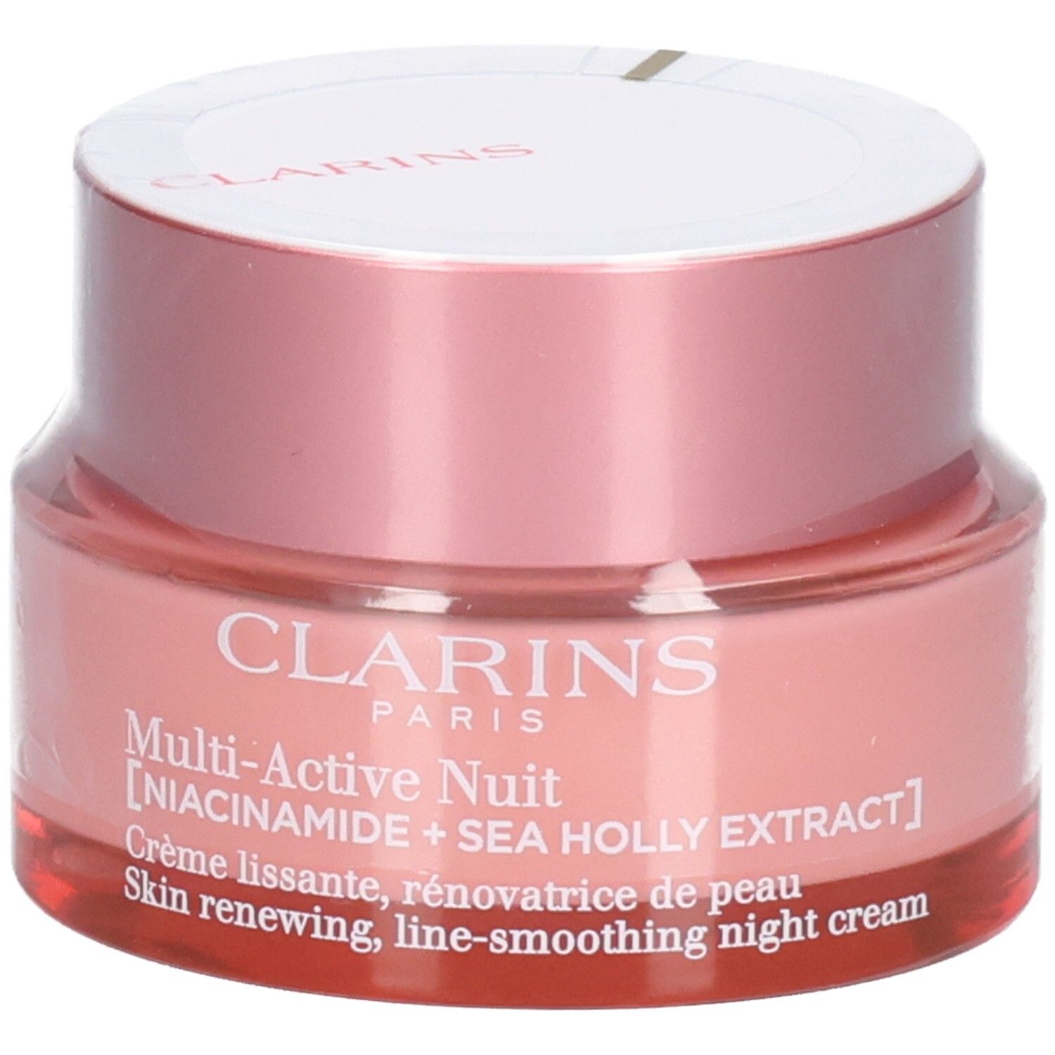 Clarins Multi-Active Nuit Nachtcreme in rosafarbener Glasdose mit silbernem Deckel.
