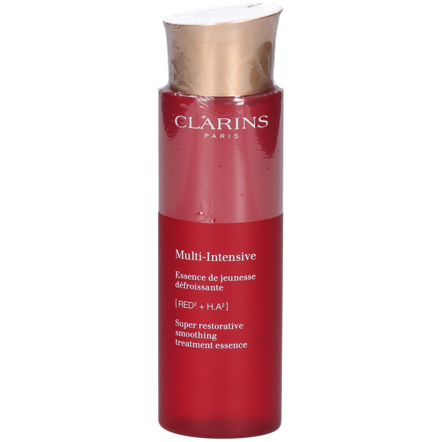 Clarins Multi-Intensive Behandlung Essence Flasche mit rotem Körper und goldenem Verschluss.