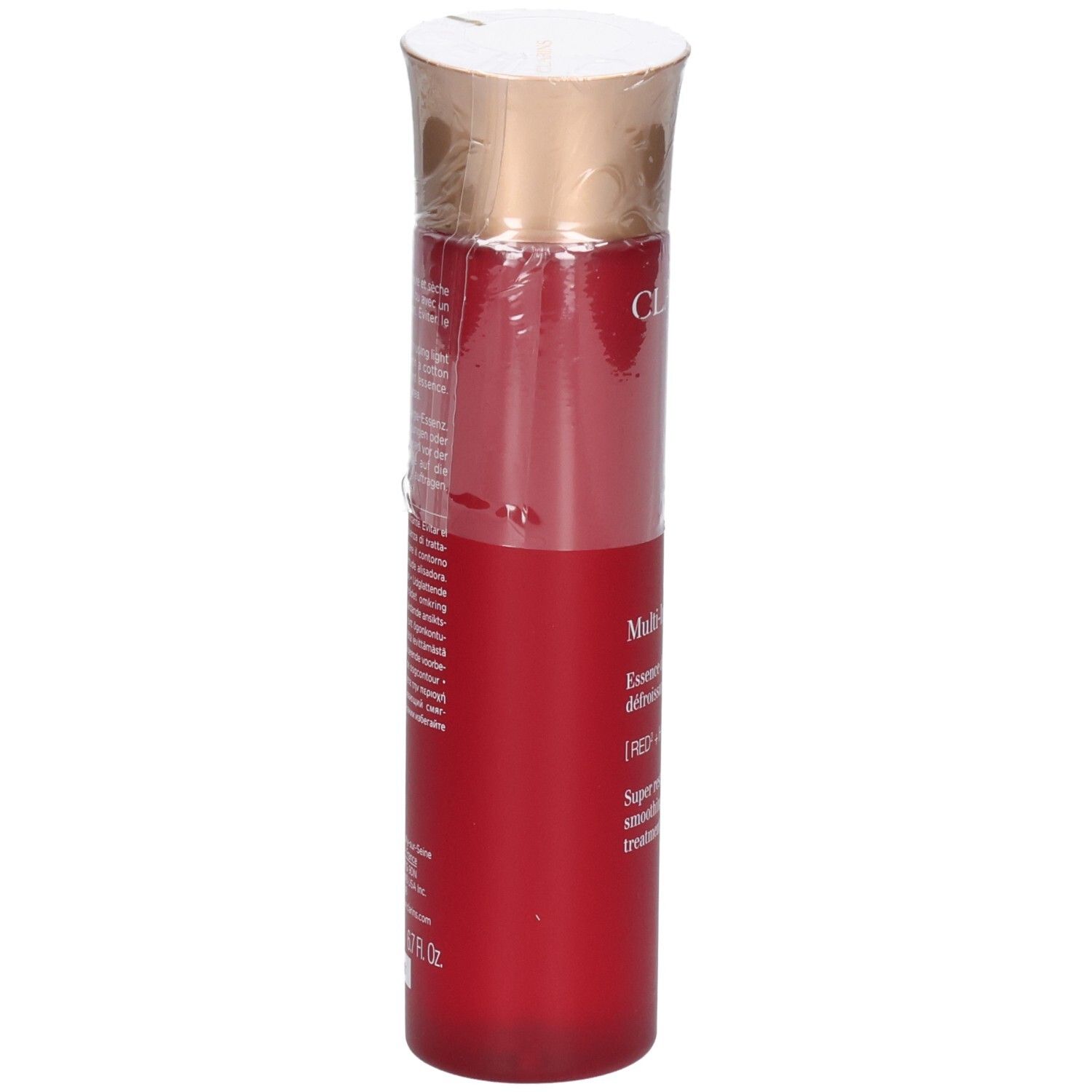 Clarins Multi-Intensive Behandlung Essence Flasche, Rückseite mit Produktinformationen.