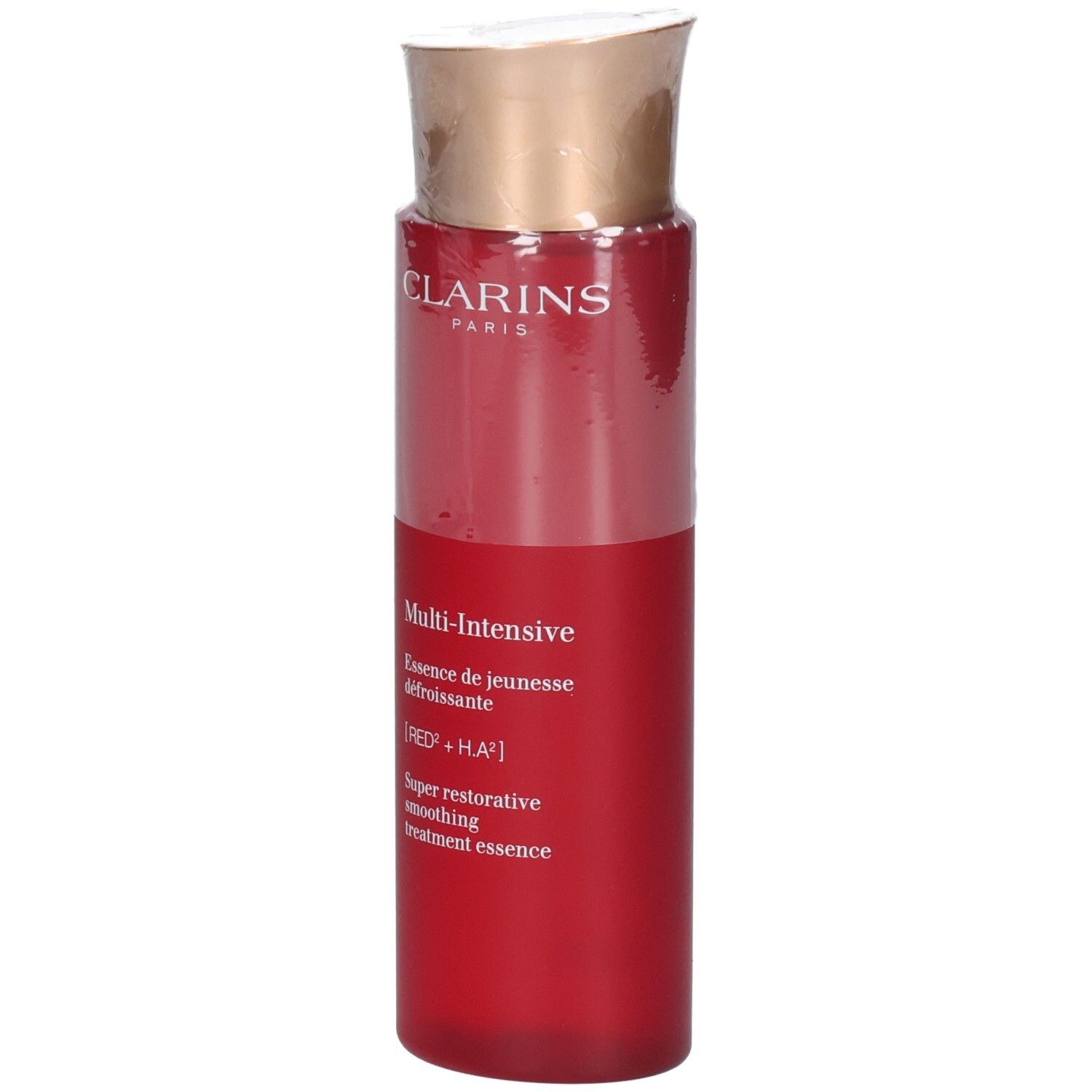 Clarins Multi-Intensive Behandlung Essence Flasche mit rotem Körper und goldenem Verschluss.