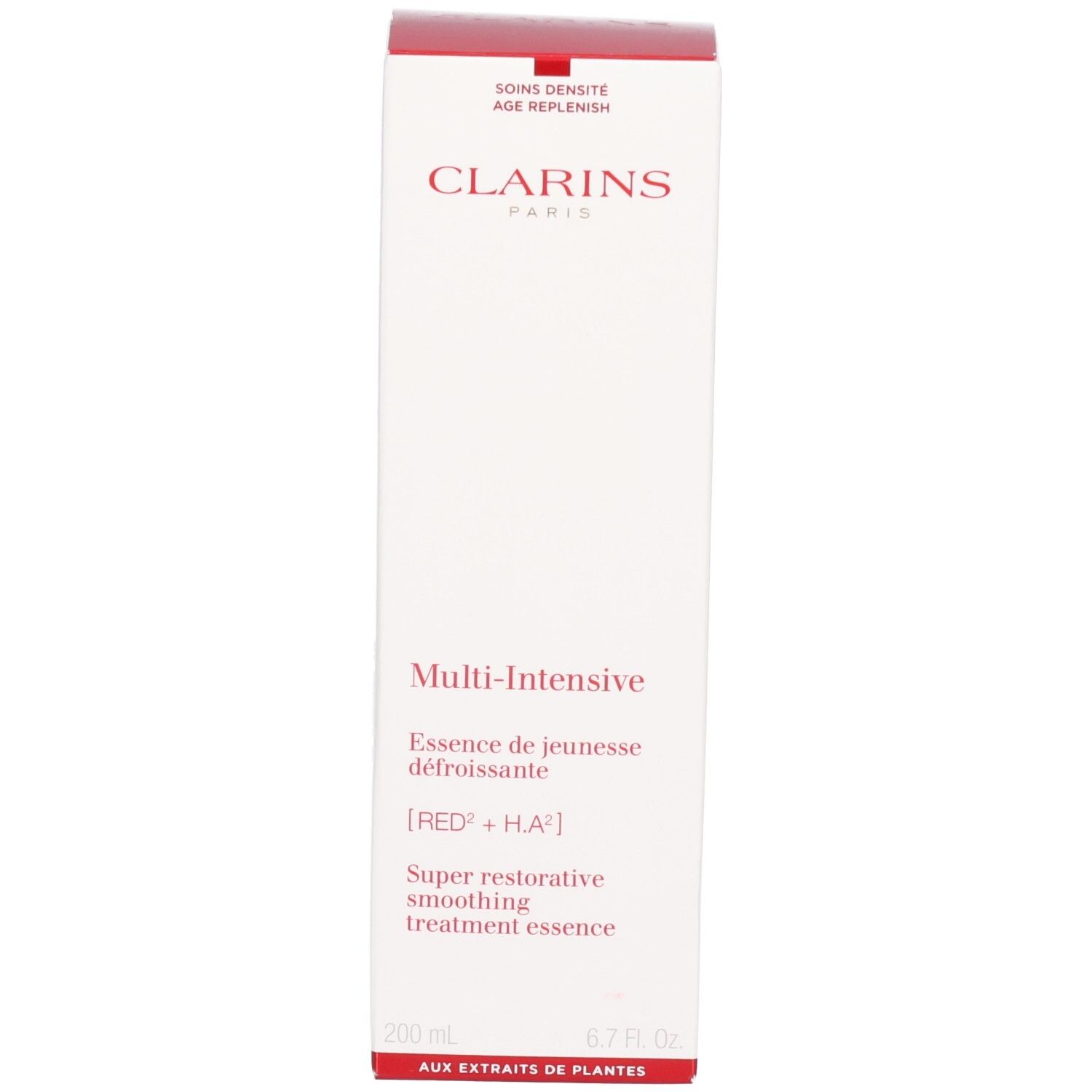 Clarins Multi-Intensive Behandlung Essence Verpackung mit Produktinformationen.