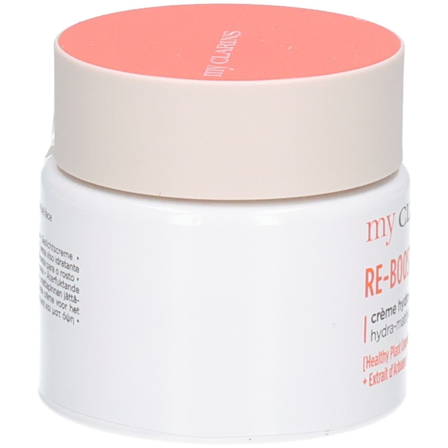 Pot de crème blanc avec couvercle corail. Texte : "my clarins RE-BOOST hydra-mat".
