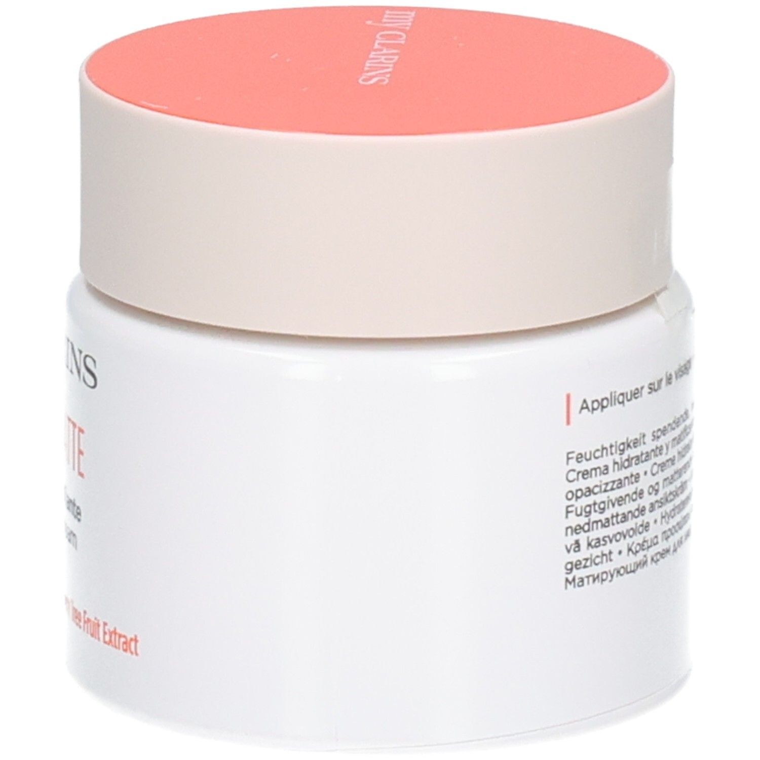 Pot de crème blanc avec couvercle corail. Logo Clarins sur le couvercle. Texte en allemand, français, italien, néerlandais et russe.