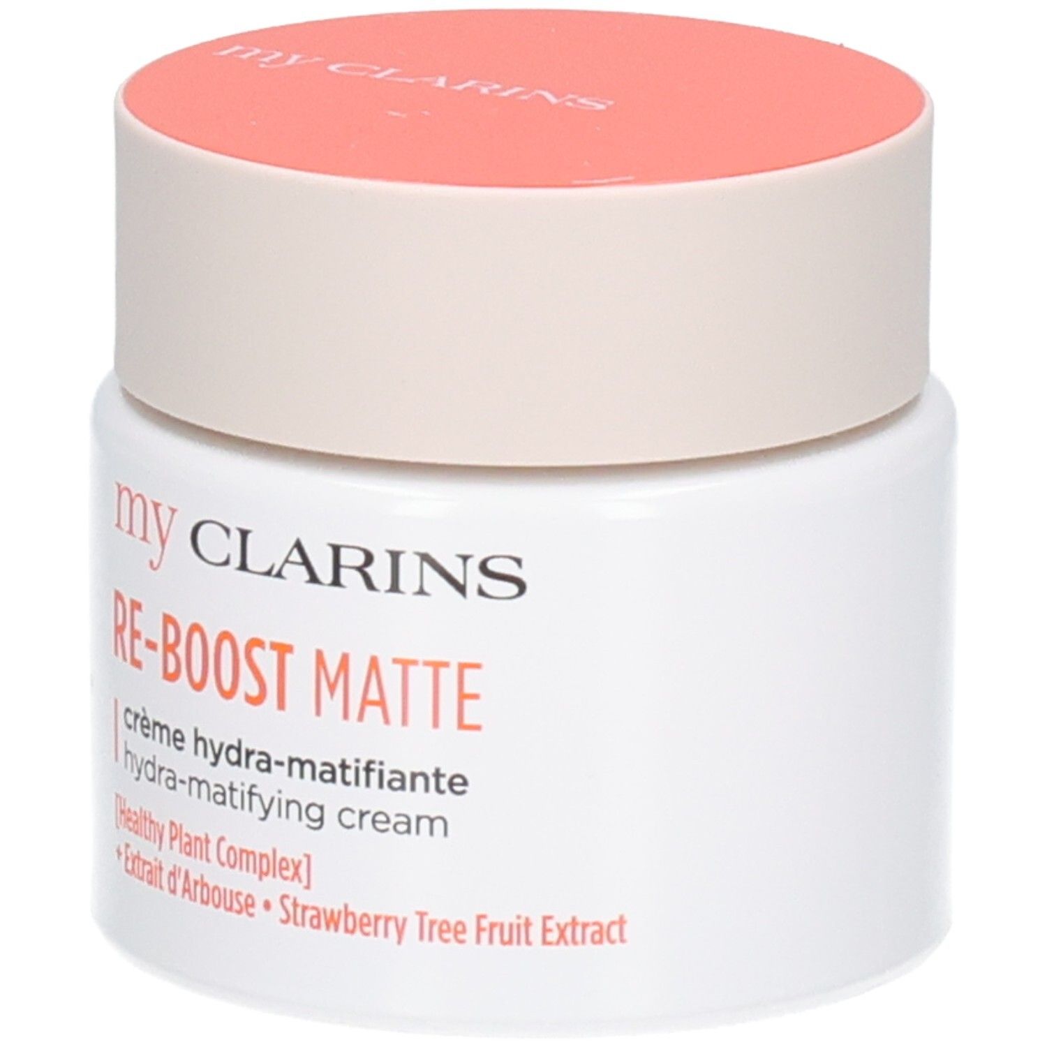 Crème hydra-matifiante Clarins RE-BOOST MATTE dans un pot blanc avec un couvercle corail.