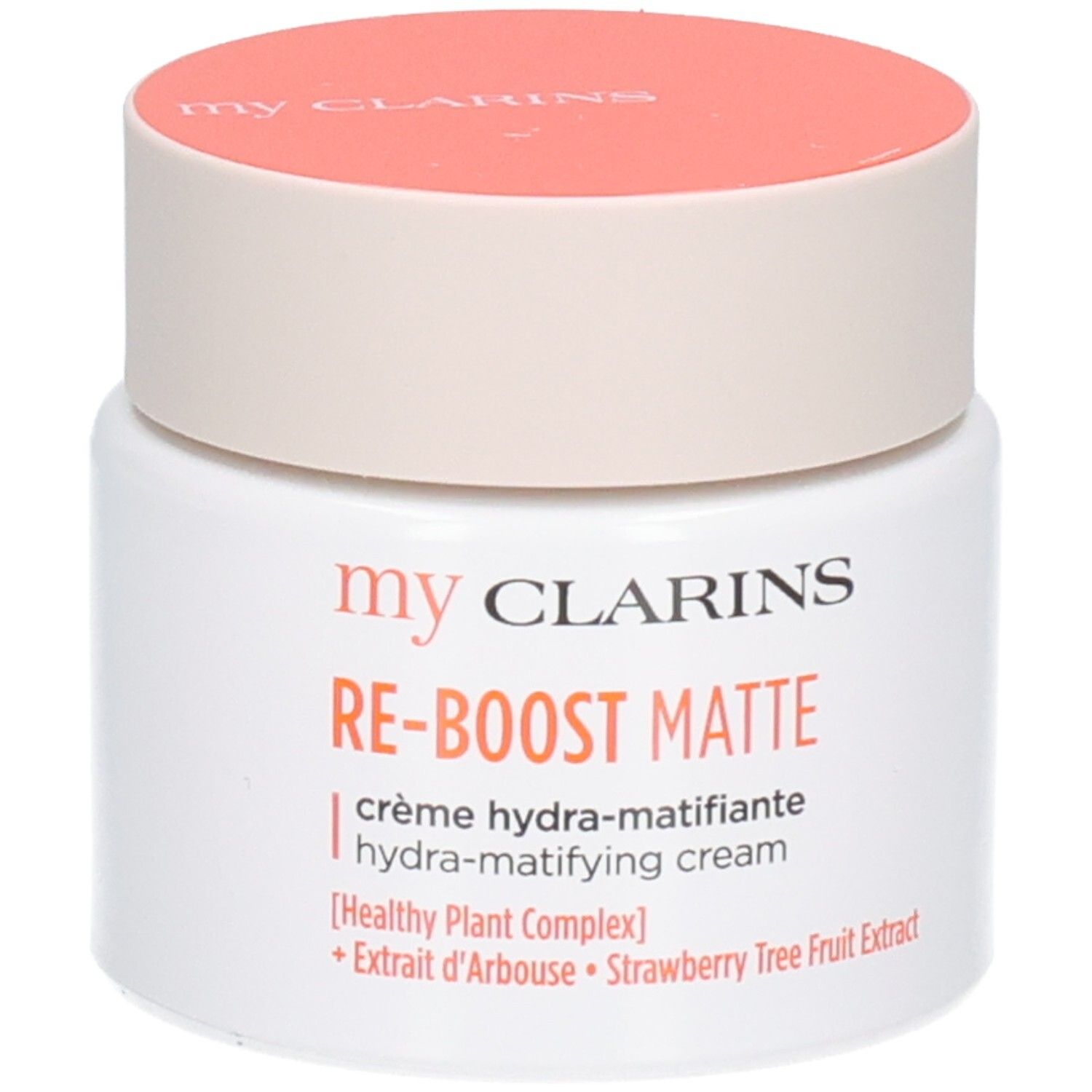 Pot blanc avec couvercle corail. Inscription : my CLARINS RE-BOOST MATTE crème hydra-matifiante.