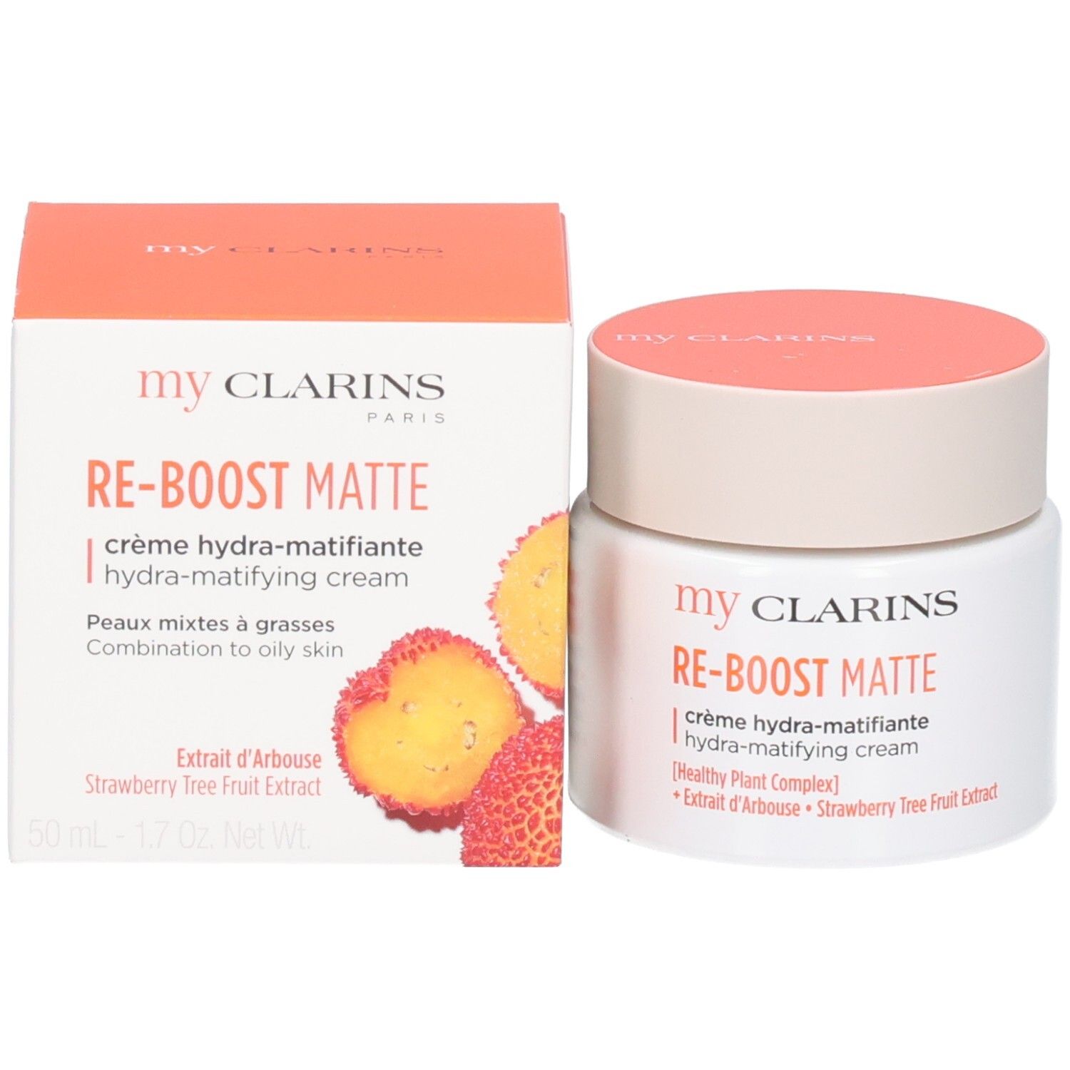 Crème hydra-matifiante My Clarins Re-Boost Matte dans un pot blanc avec couvercle rose. Boîte d'emballage à côté.