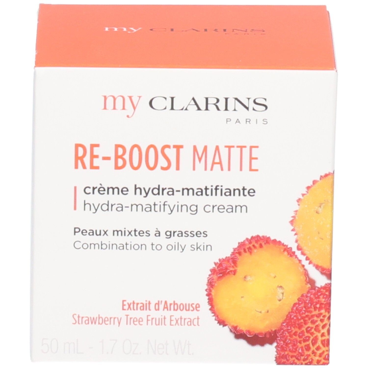 Boîte de crème hydra-matifiante Re-Boost Matte Clarins. Contient de l'extrait d'arbouse. Pour peaux mixtes à grasses. 50 ml.