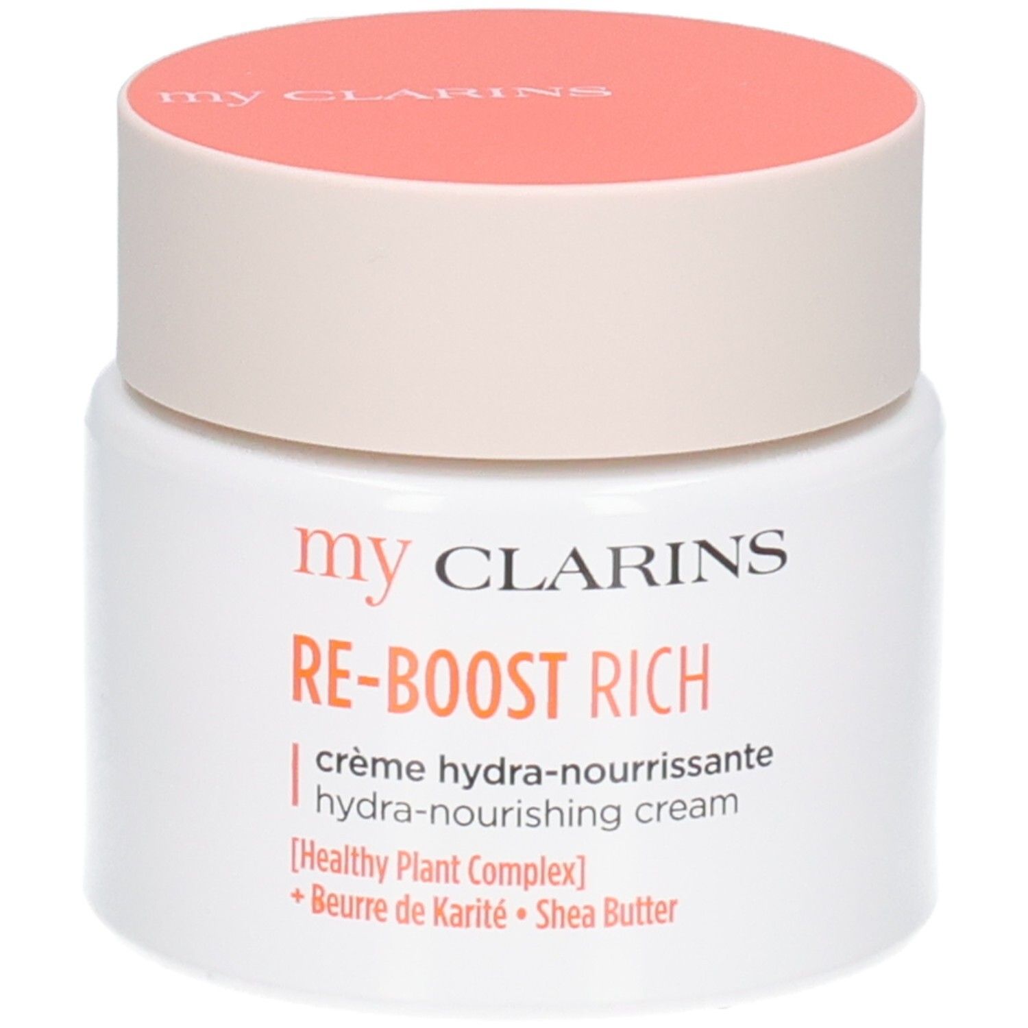 Clarins Re-Boost Rich Creme: Weißer Tiegel mit orangefarbenem Deckel. Enthält Shea Butter.