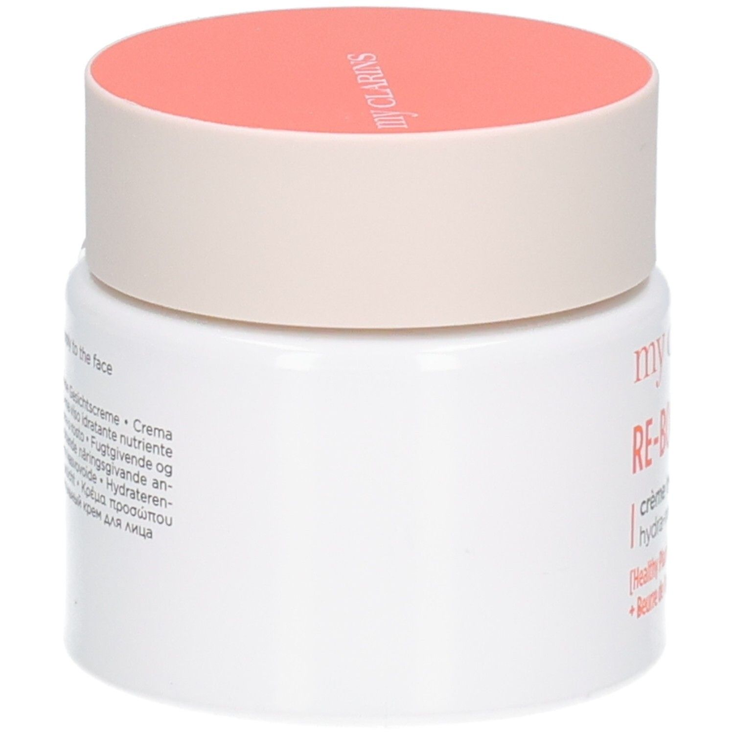 Clarins Re-Boost Rich Creme: Seitenansicht eines weißen Tiegels mit orangefarbenem Deckel.