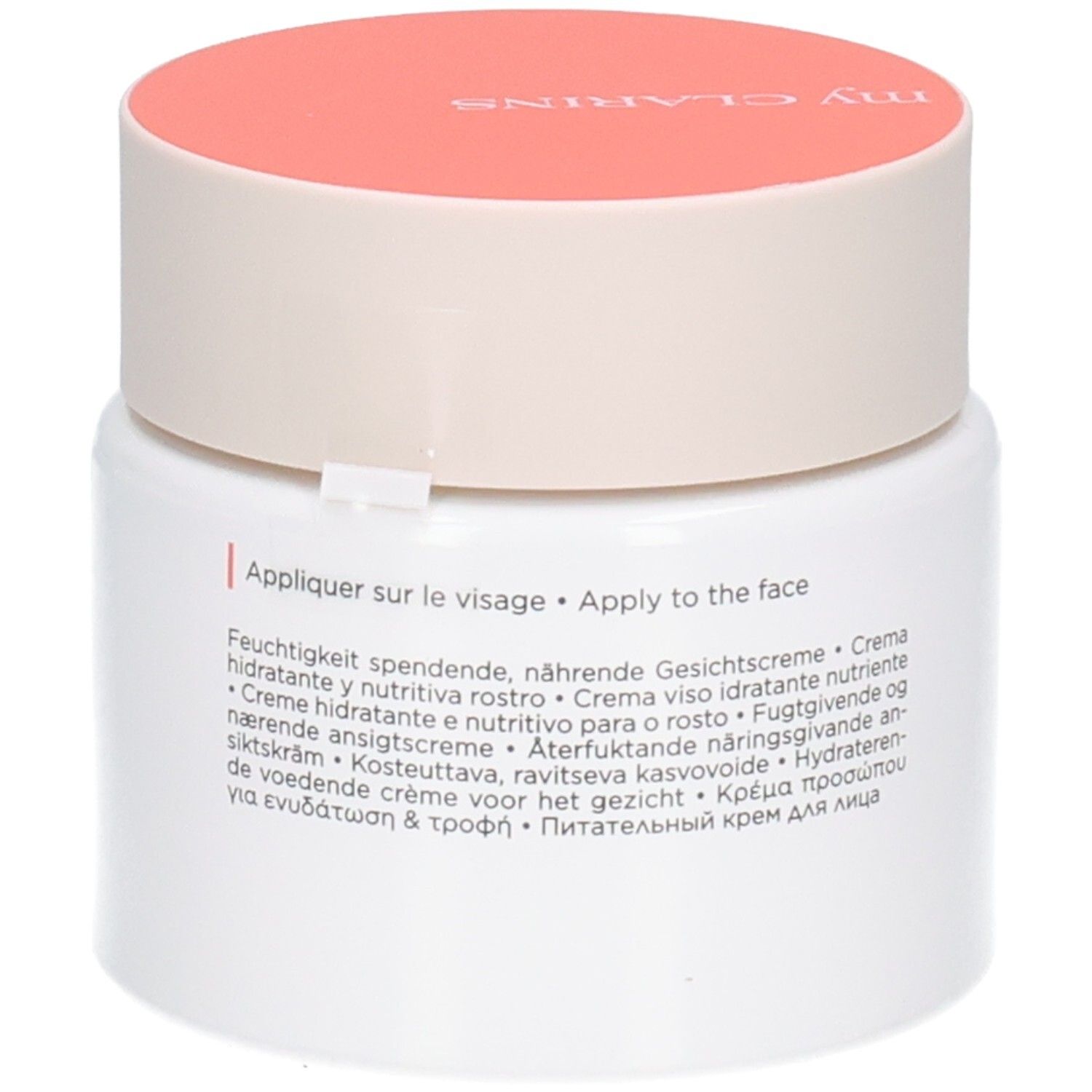Clarins Re-Boost Rich Creme: Rückseite des Tiegels mit Anwendungshinweisen in mehreren Sprachen.
