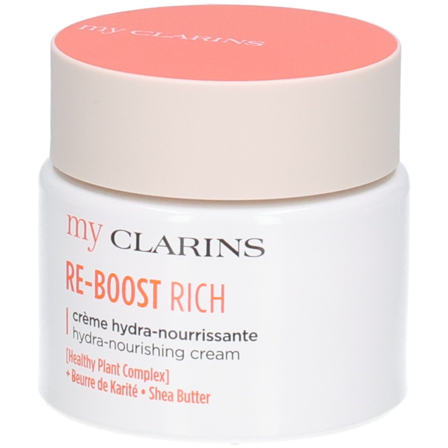 Clarins Re-Boost Rich Creme: Weißer Tiegel mit orangefarbenem Deckel, Text auf dem Etikett.