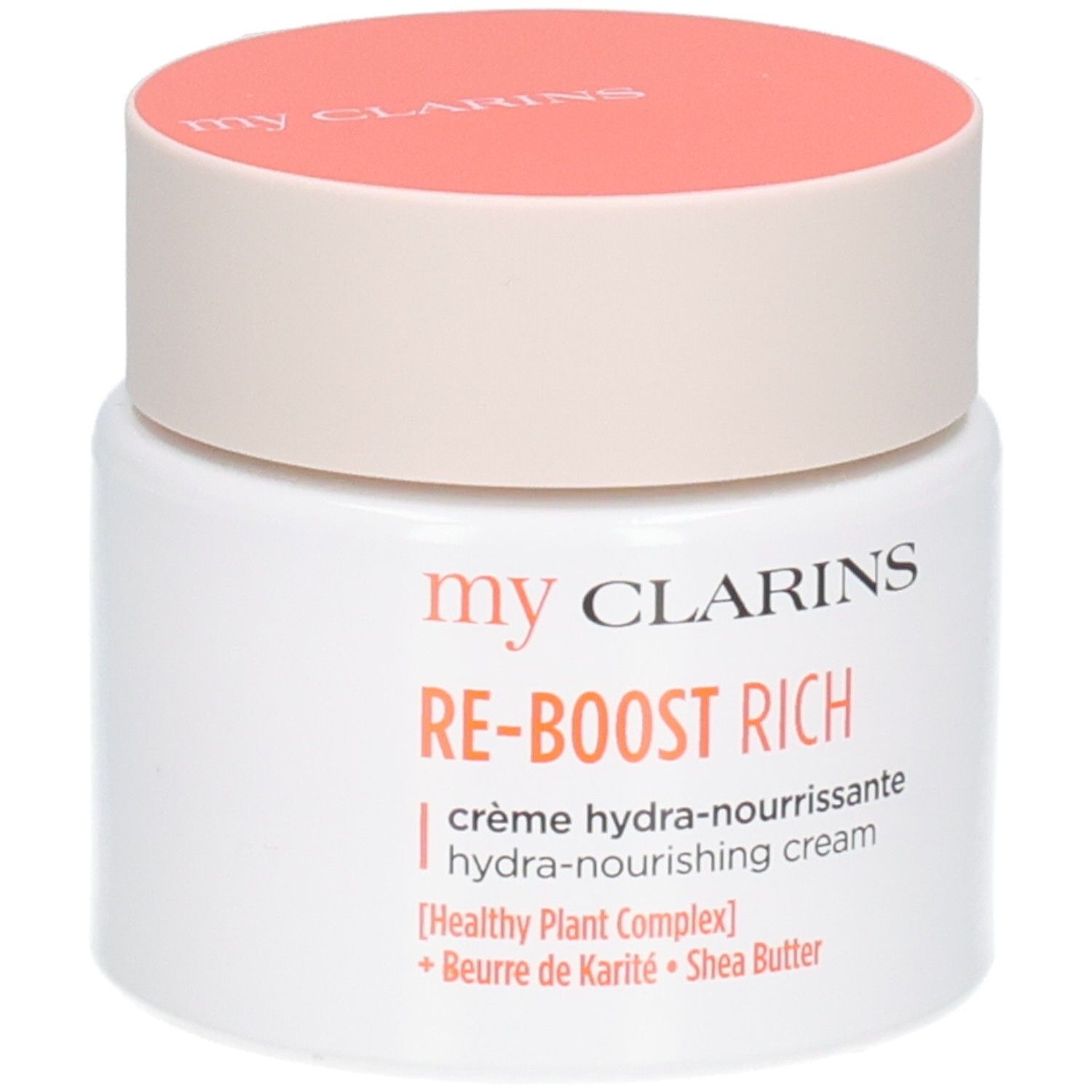 Clarins Re-Boost Rich Creme: Weißer Tiegel mit orangefarbenem Deckel, detaillierte Produktinformationen.