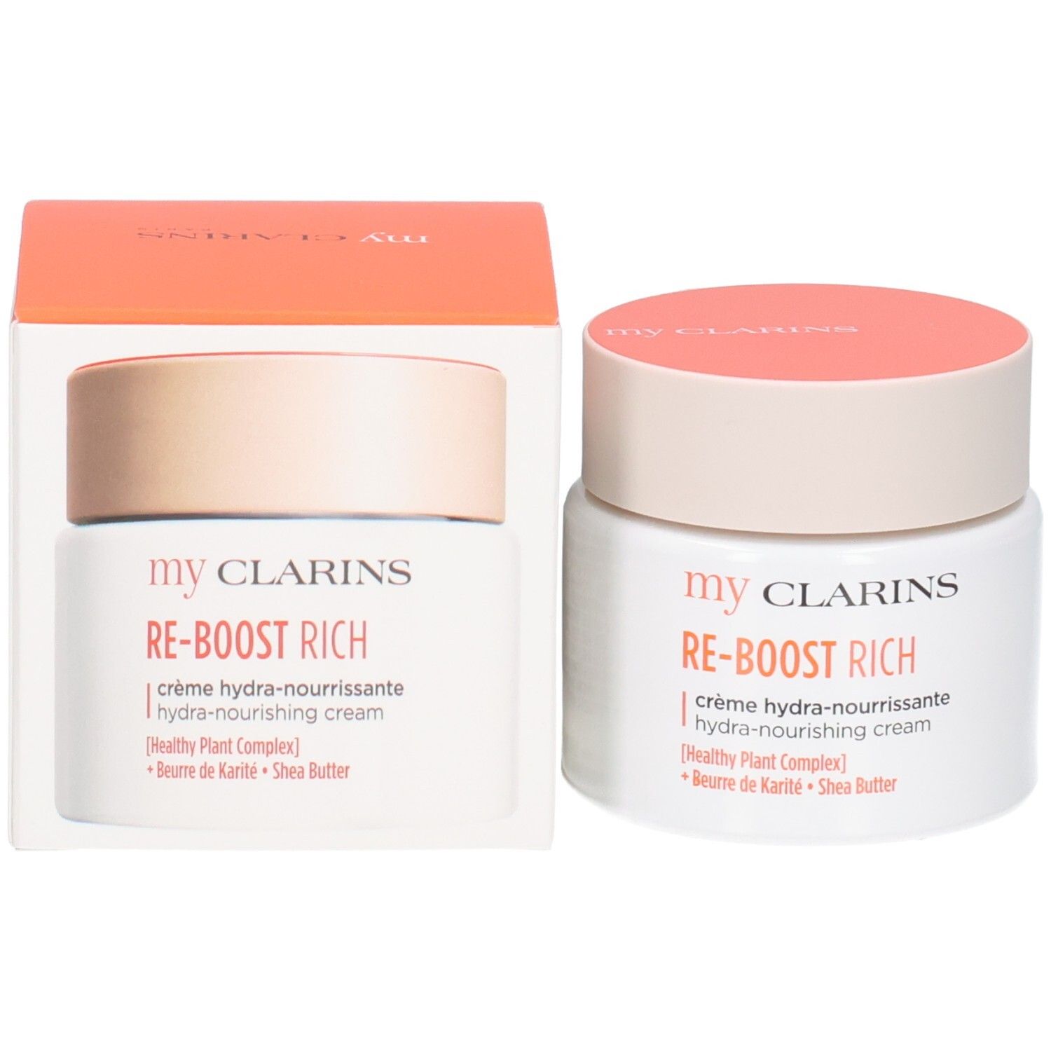 Clarins Re-Boost Rich Creme und Verpackung: Tiegel und Karton nebeneinander.
