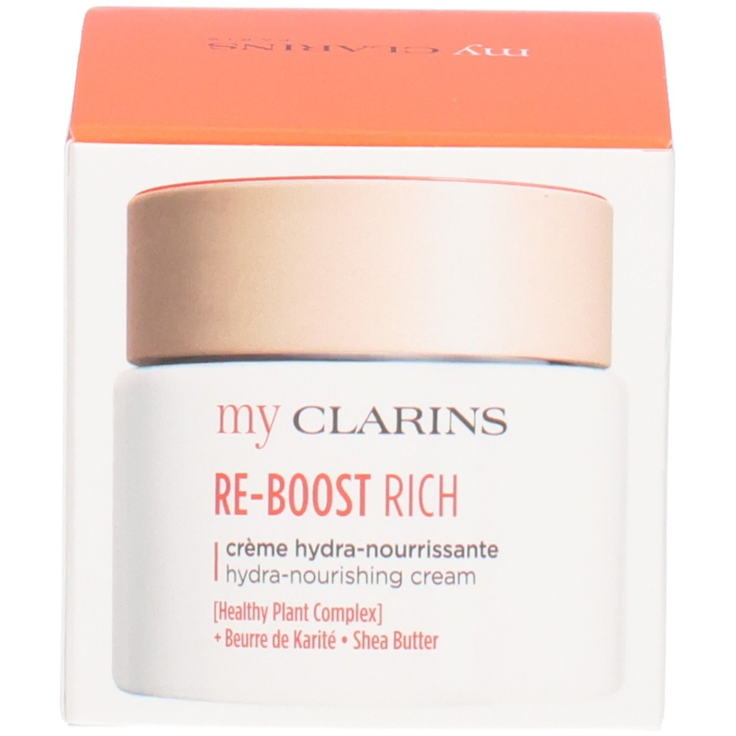 Clarins Re-Boost Rich Creme in Kartonverpackung: Vorderseite der Schachtel mit Tiegelabbildung.