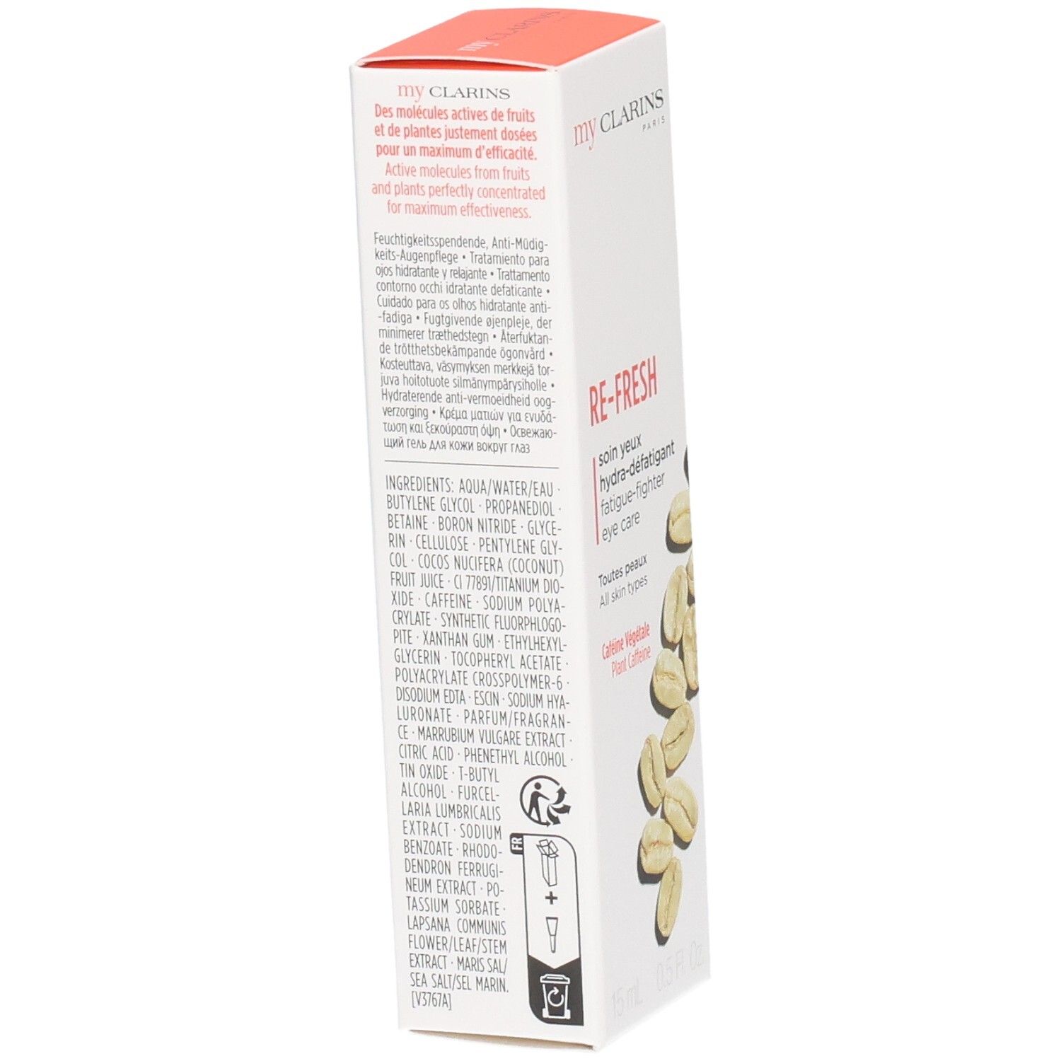 Rückseite der My Clarins Augenpflege-Verpackung mit Inhaltsstoffliste und veganem Siegel.