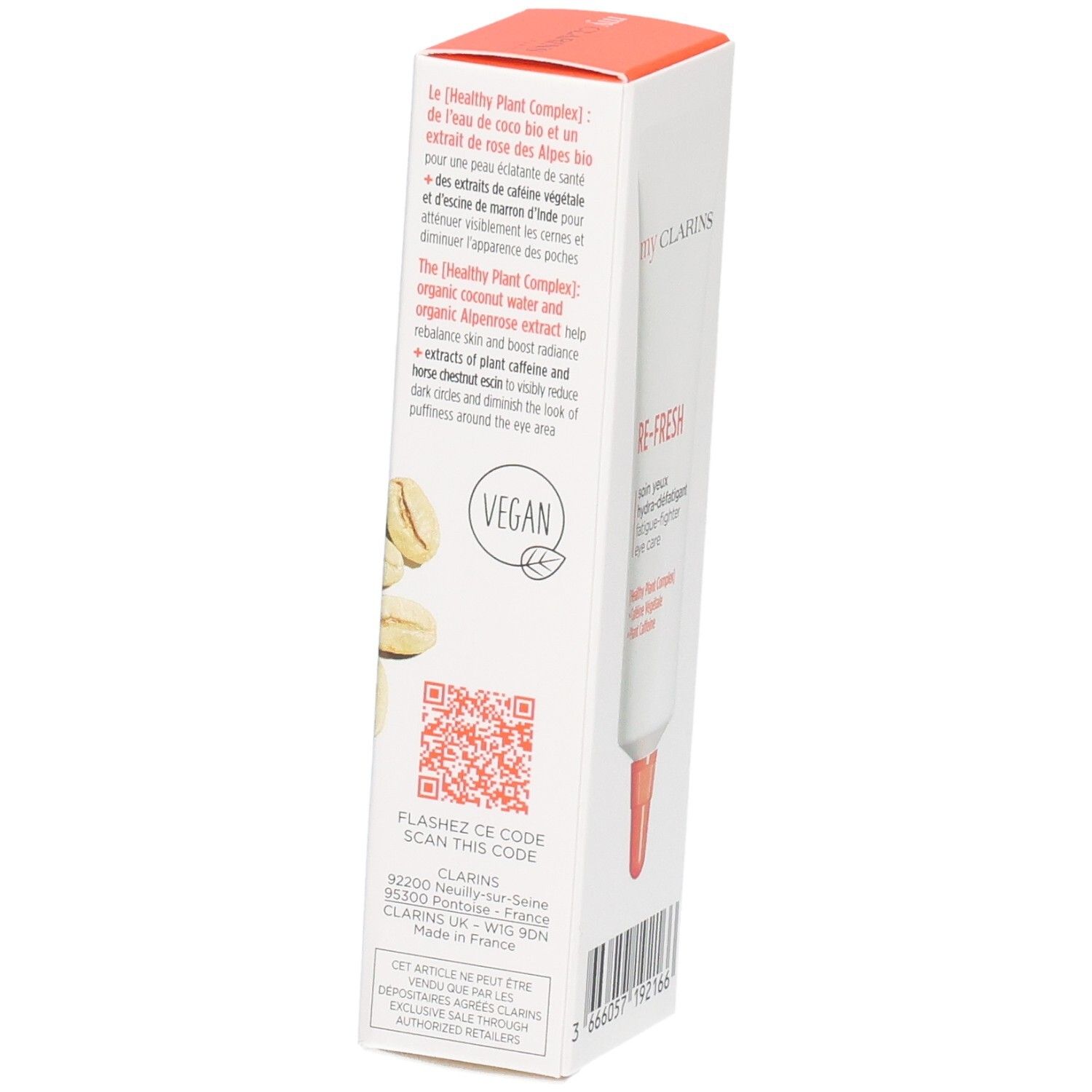 Seite der My Clarins Augenpflege-Verpackung mit QR-Code und veganem Siegel.