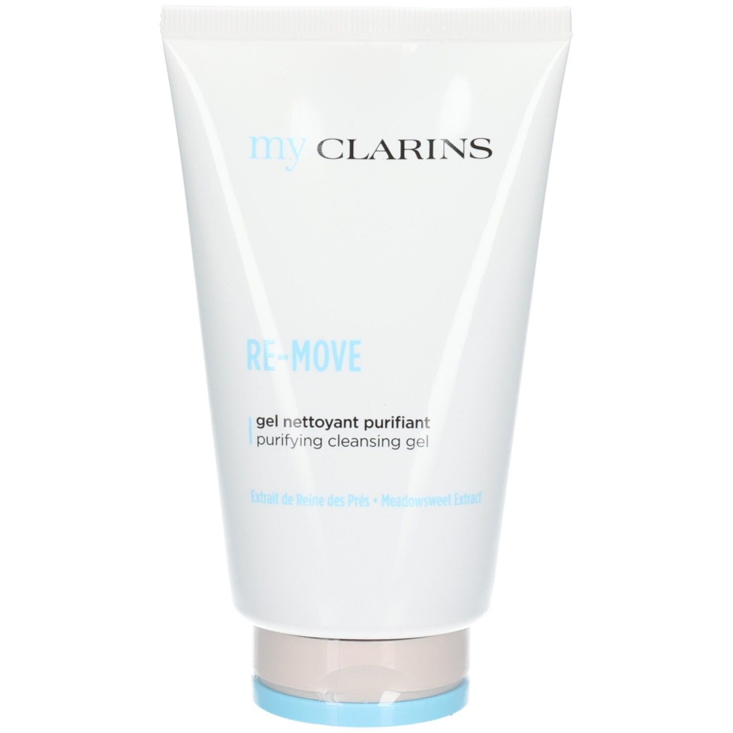 CLA MY RE-MOVE Reinigungs-Gel in weißer Tube mit blauem und rosa Verschluss.