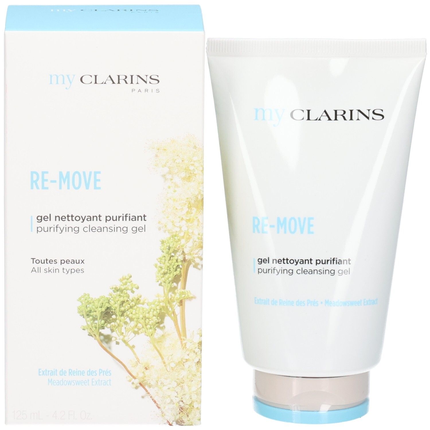 CLA MY RE-MOVE Reinigungs-Gel und Faltschachtel mit Blumenmotiv.