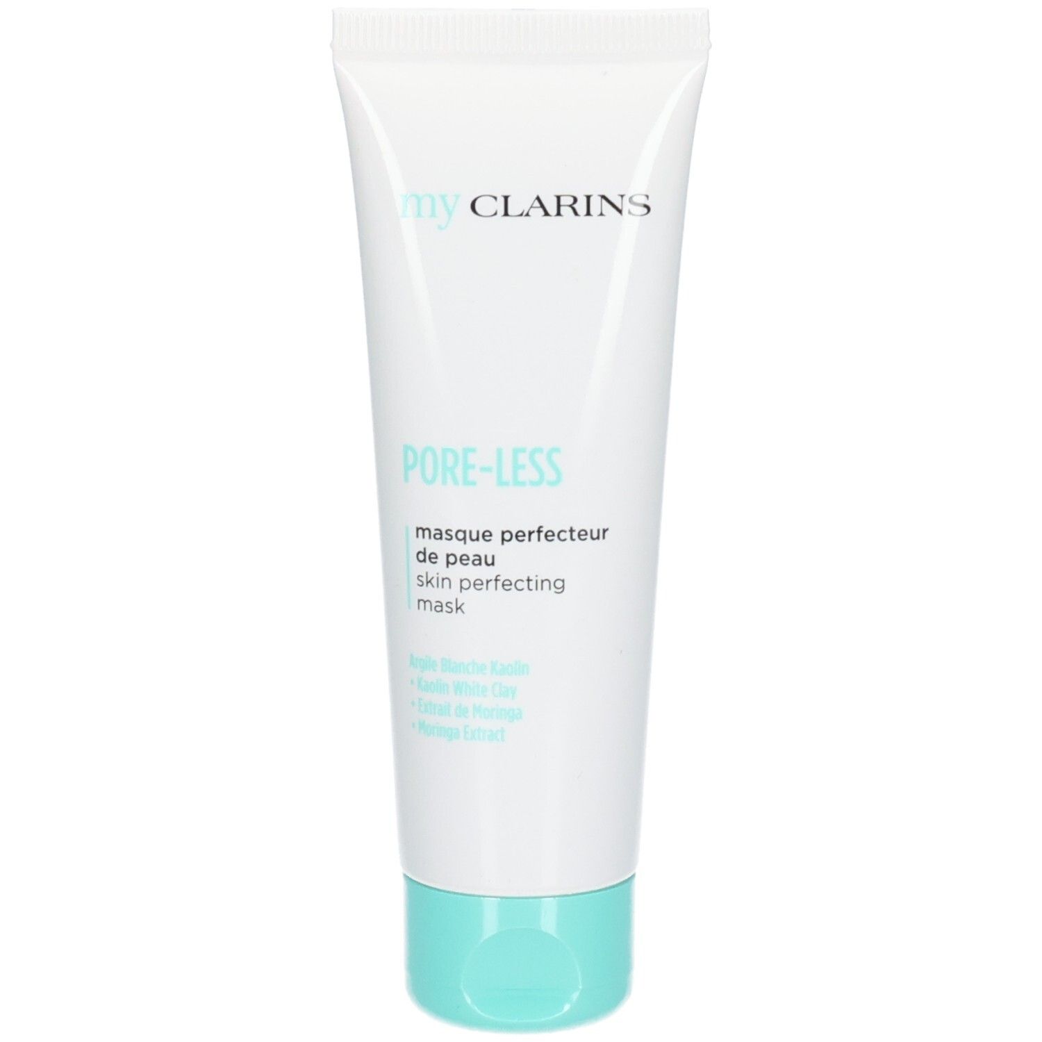 Clarins Pore-Less Hautperfektionierende Maske in weißer Tube mit türkisfarbenem Verschluss.