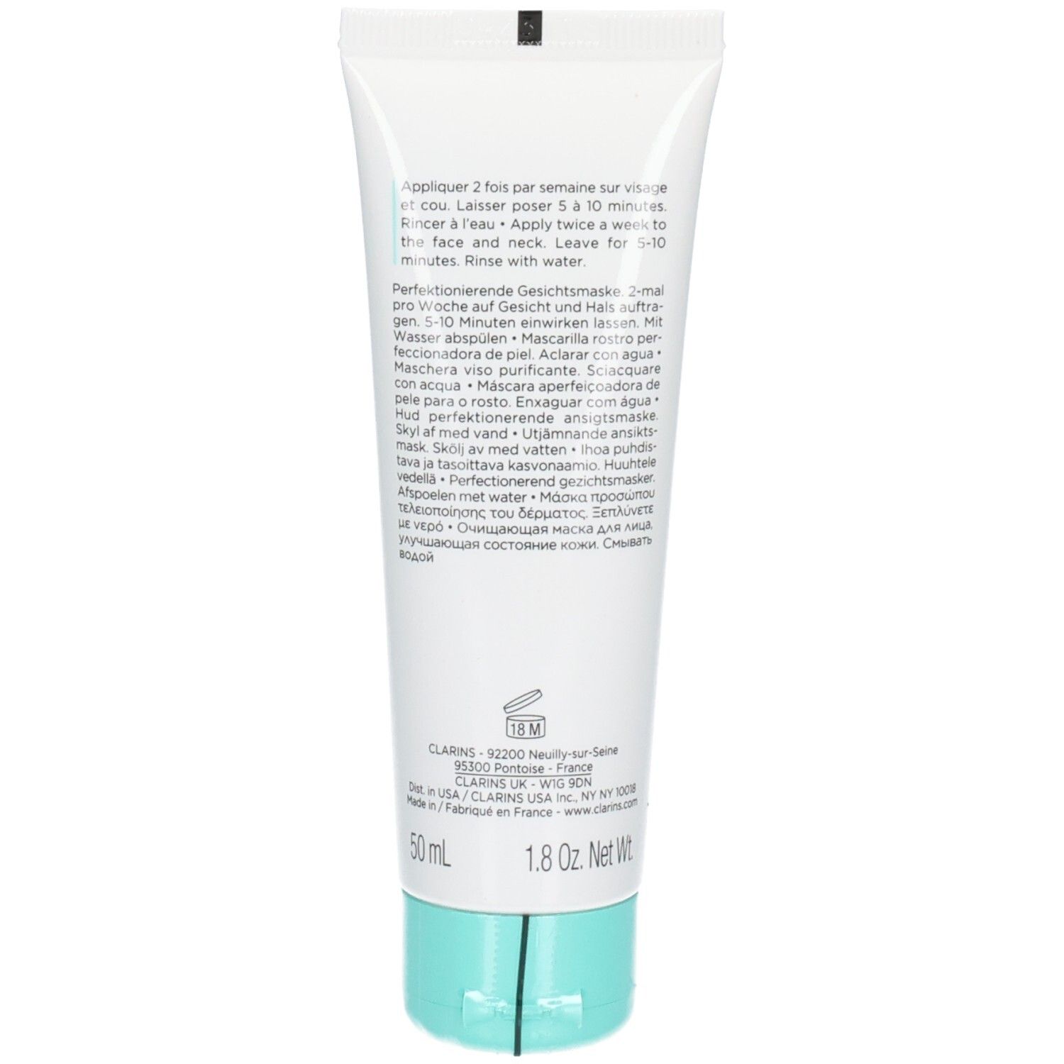 Rückseite der Clarins Pore-Less Maske mit Anwendungshinweisen und Produktinformationen.