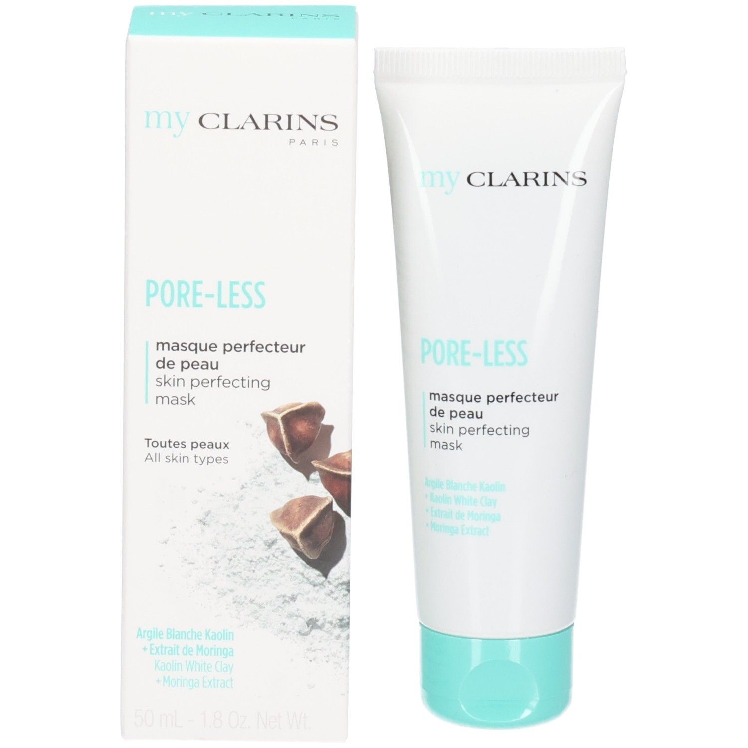 Clarins Pore-Less Maske und Verpackung mit Kakaobohnen- und Ton-Motiv.