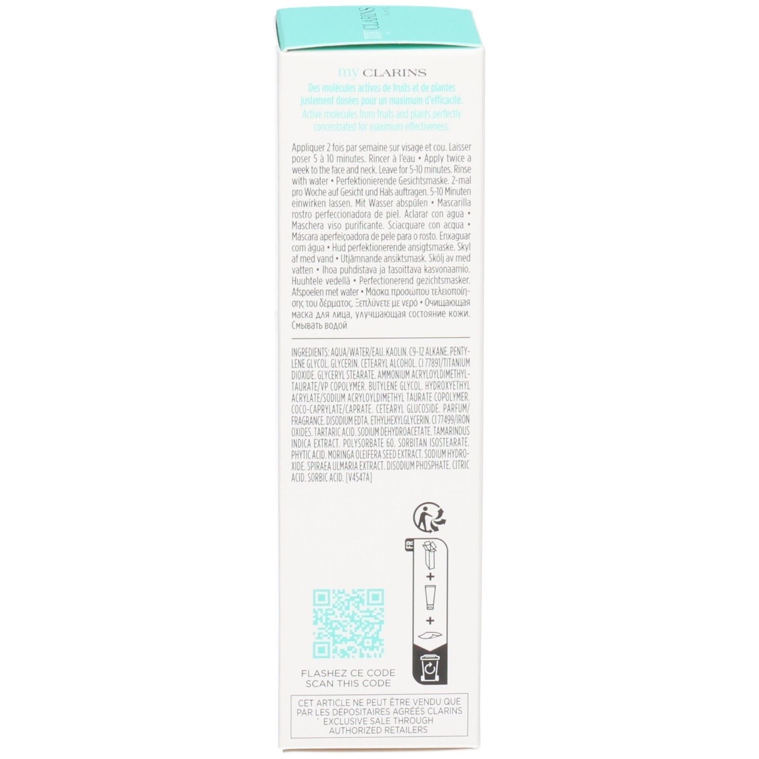 Rückseite der Clarins Pore-Less Maskenverpackung mit QR-Code und Anwendungshinweisen.