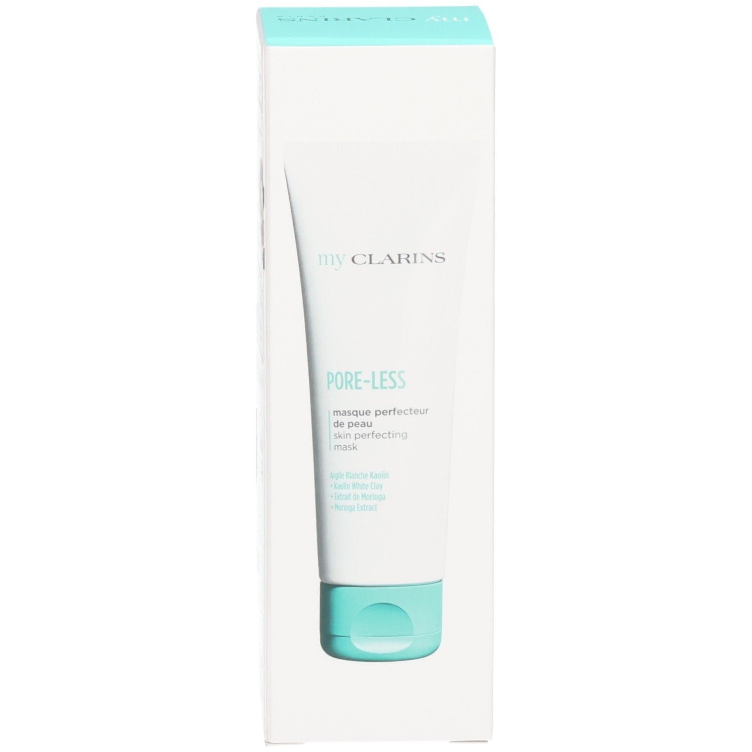 Clarins Pore-Less Maske in weißer Tube, präsentiert in ihrer Verpackung.