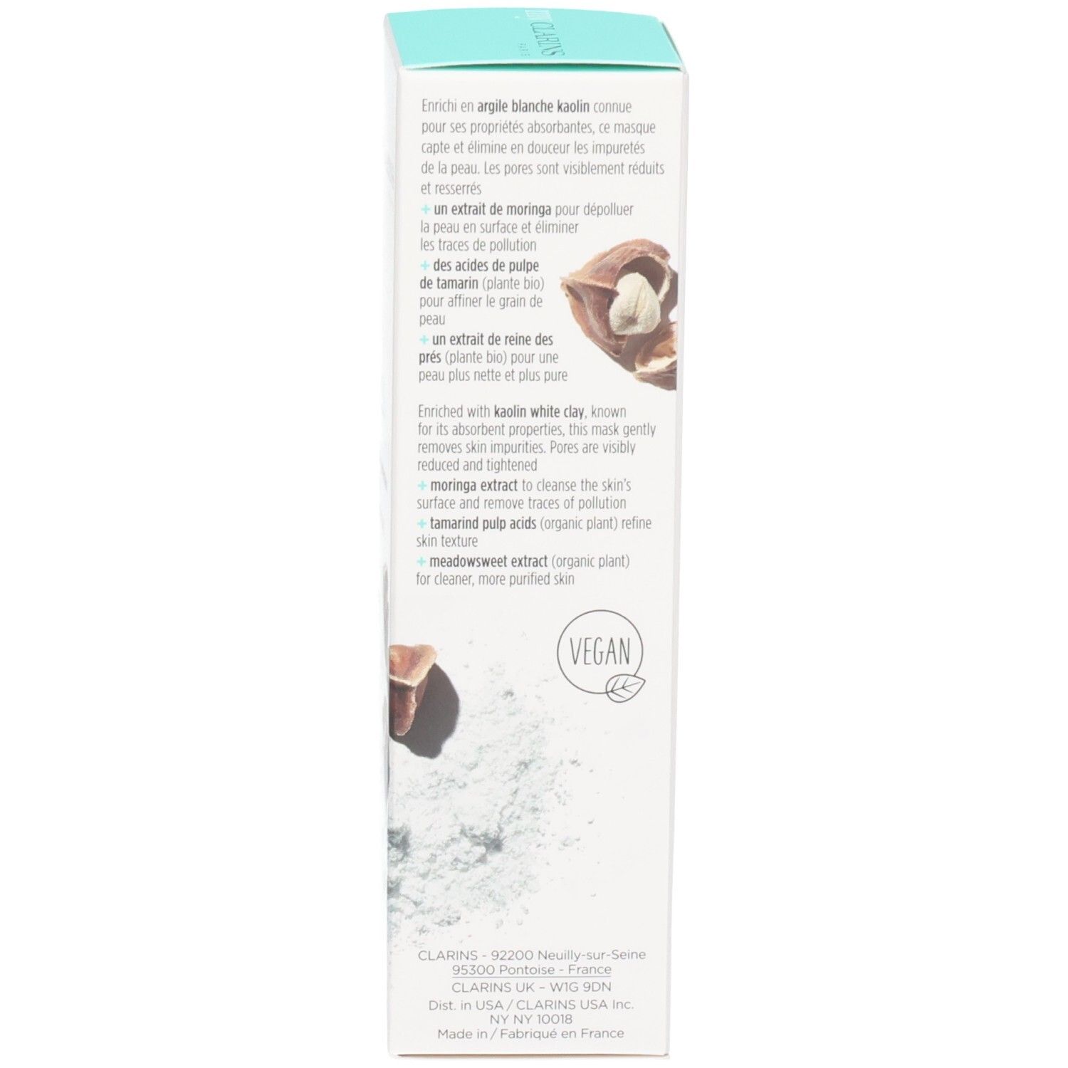 Seite der Clarins Pore-Less Maskenverpackung mit Inhaltsstoffen und Vegan-Siegel.