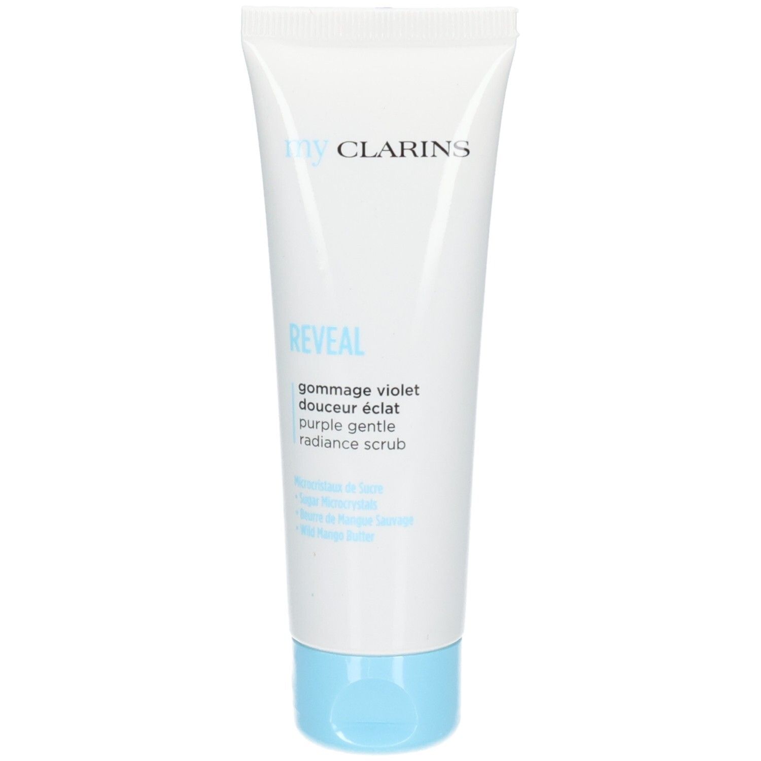 Clarins My Clarins Reveal sanfter violetter Peeling-Schlauch mit blauem Verschluss.