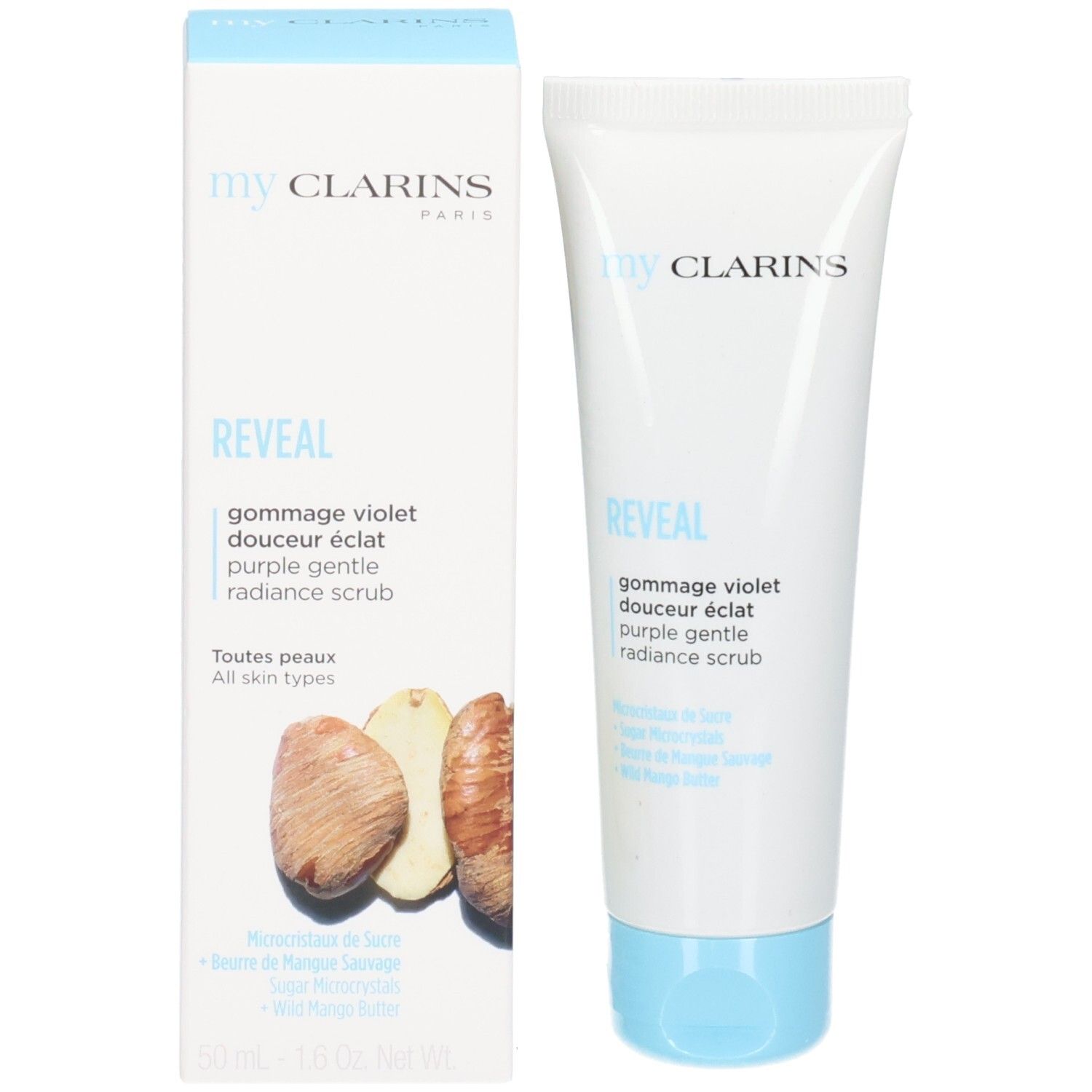 Clarins My Clarins Reveal violetter Peeling-Schlauch und Verpackung mit Nüssen.