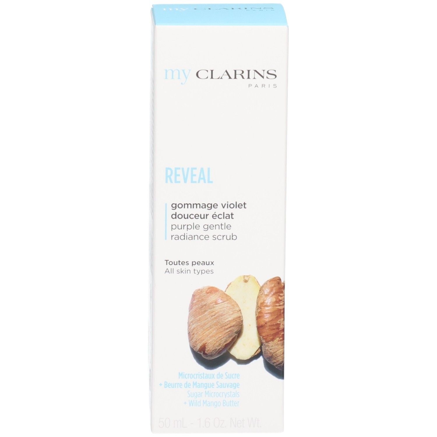 Clarins My Clarins Reveal Verpackung mit Nüssen und violetter Peeling-Beschreibung.