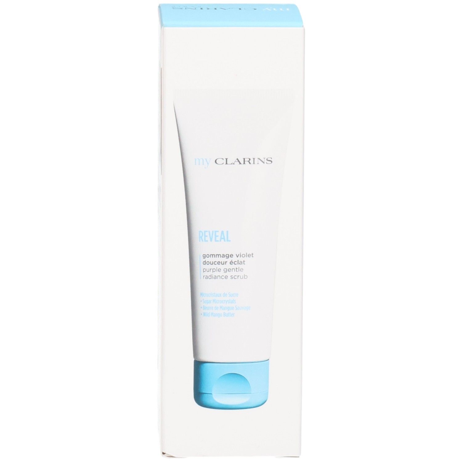 Clarins My Clarins Reveal violetter Peeling-Schlauch in Verpackung mit blauem Verschluss.