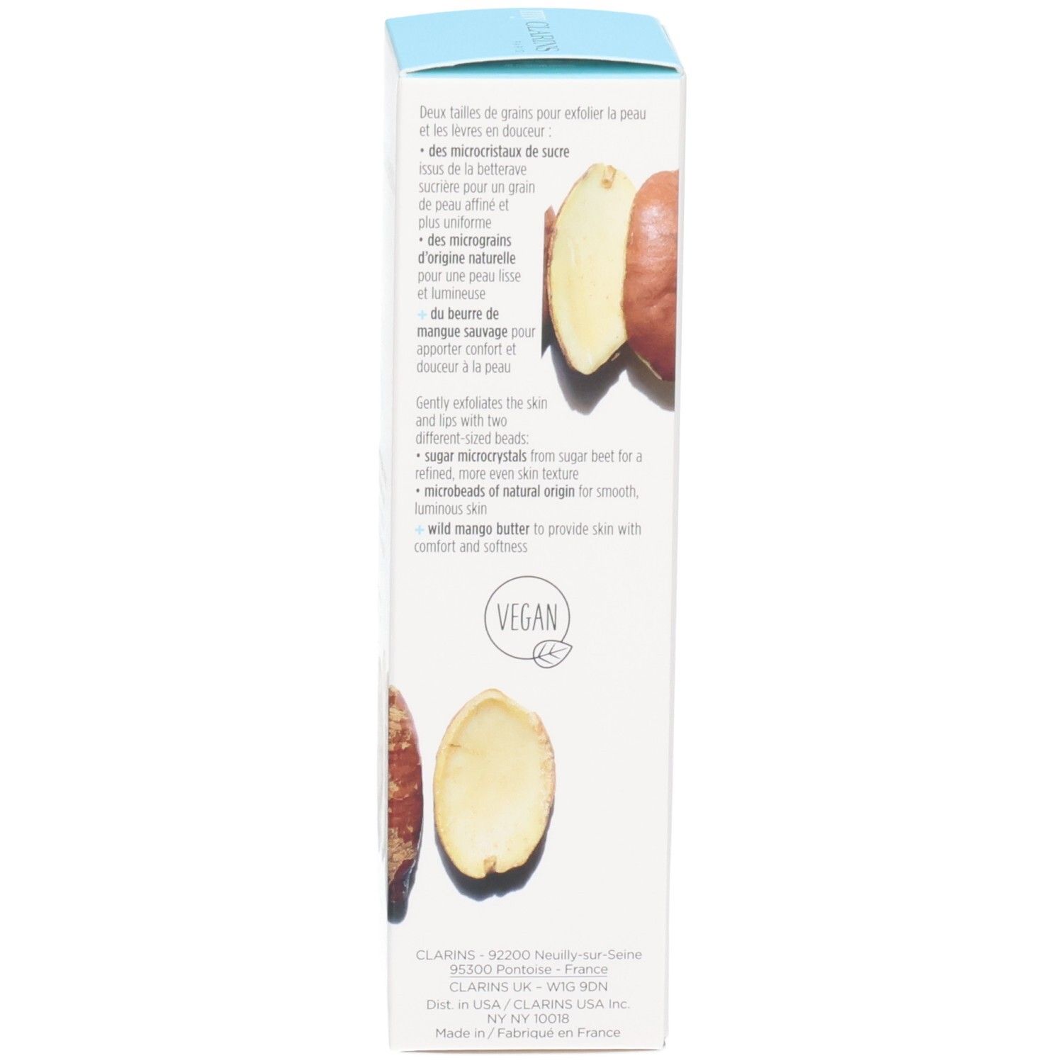 Clarins My Clarins Reveal Verpackung mit Nüssen, veganem Siegel und Peeling-Beschreibung.
