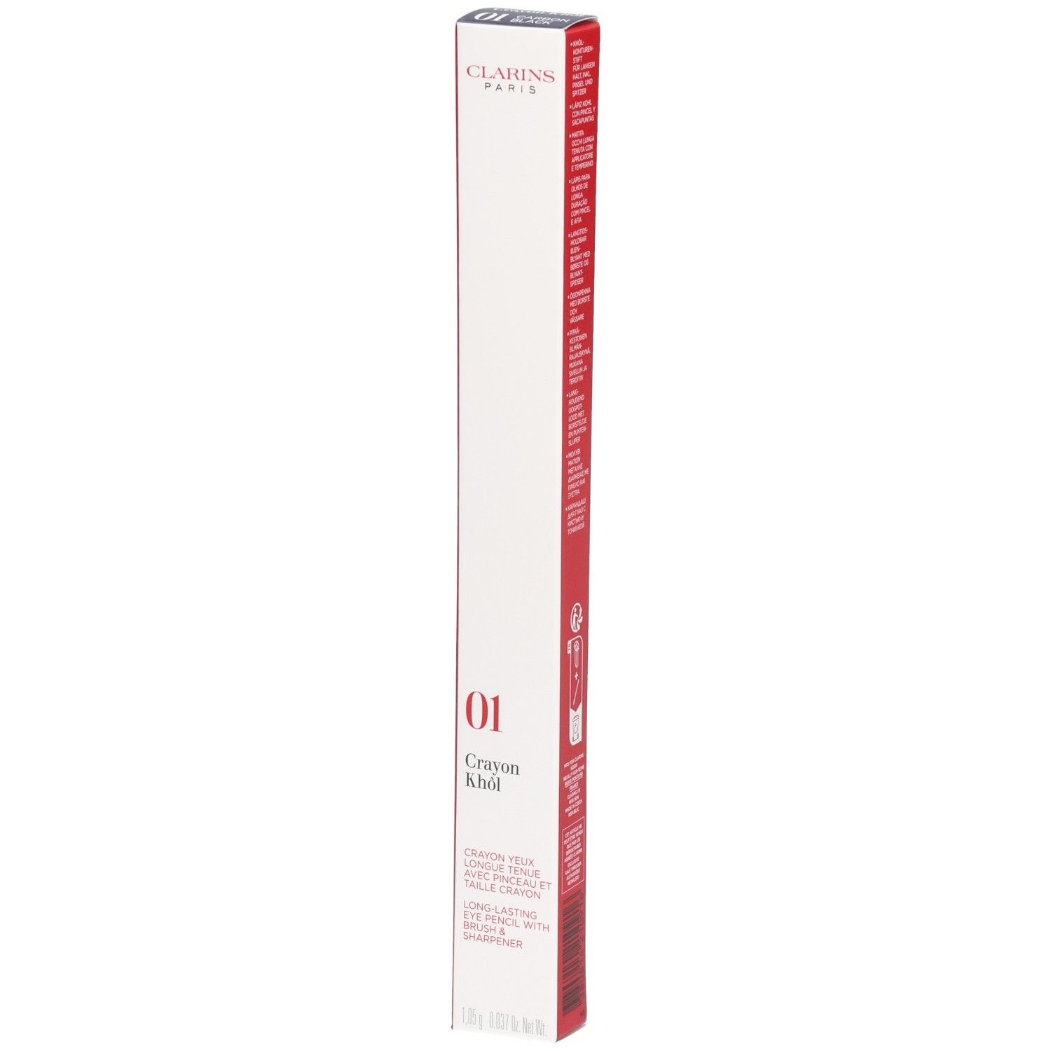 Clarins Crayon Khôl Eyeliner 01 Carbon Black in weiß-roter Verpackung.