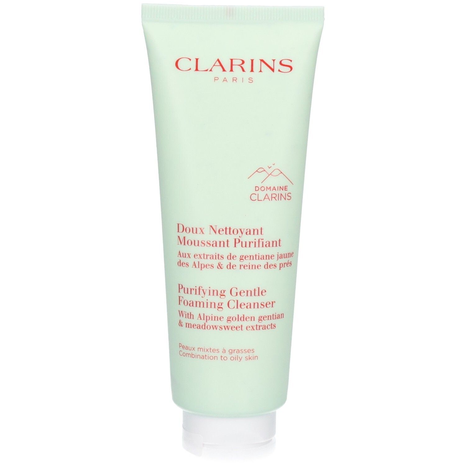 Clarins Reiniger in einer hellgrünen Tube mit weißem Deckel. Roter Markenname oben.