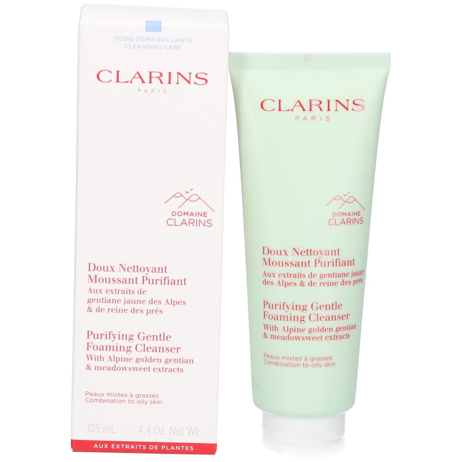 Clarins Reiniger und seine Verpackung. Die Tube ist hellgrün, die Box ist weiß mit roten Akzenten.