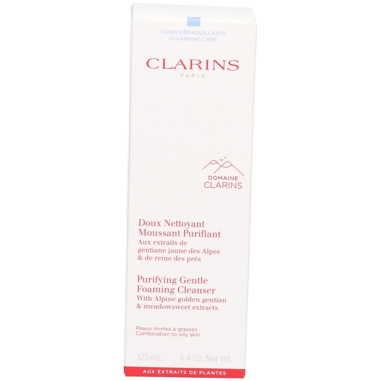 Weiße Verpackungsbox für Clarins Reiniger. Roter Markenname und Produktinformationen auf der Vorderseite.