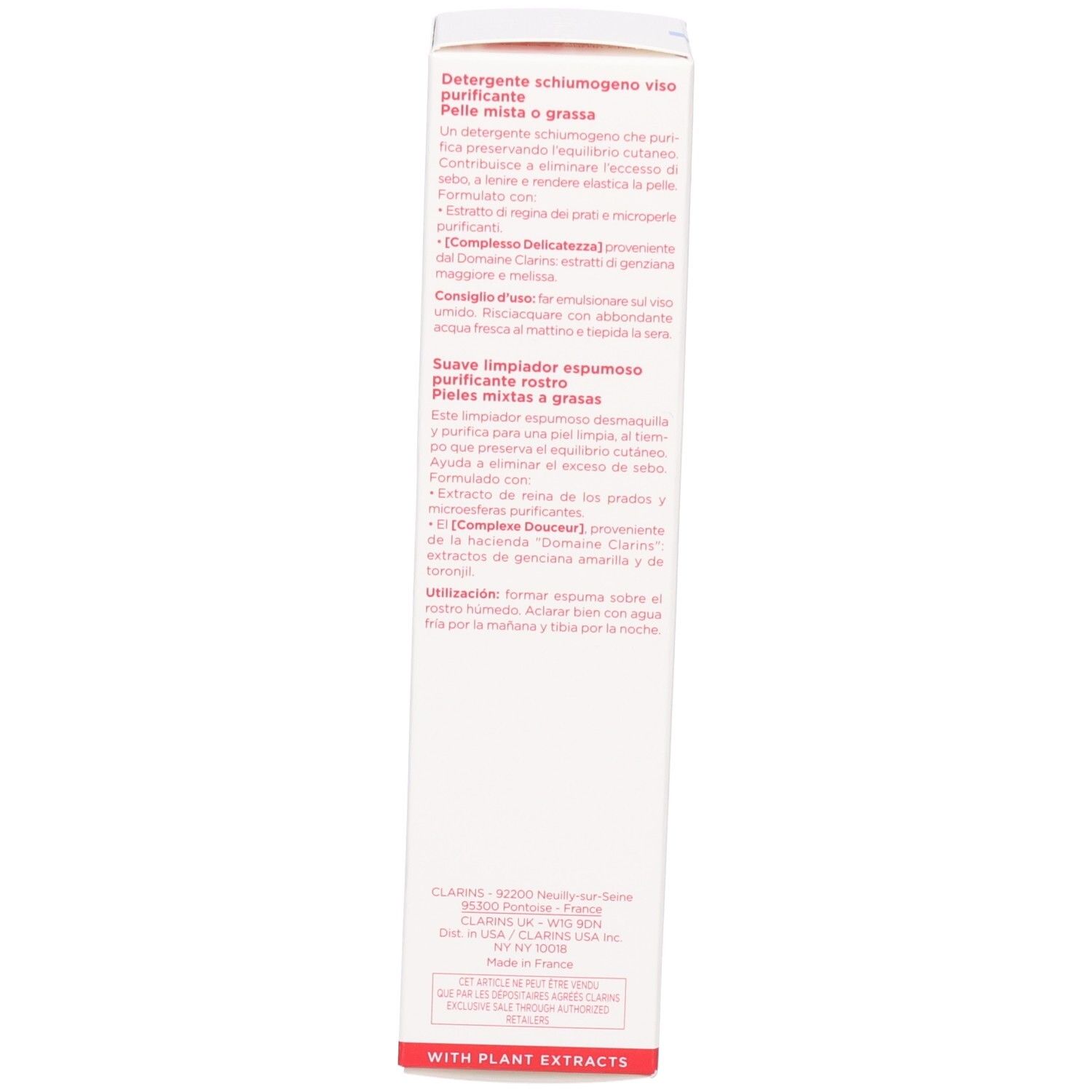 Seite der Clarins Reiniger-Verpackung mit detaillierten Produktinformationen in mehreren Sprachen.